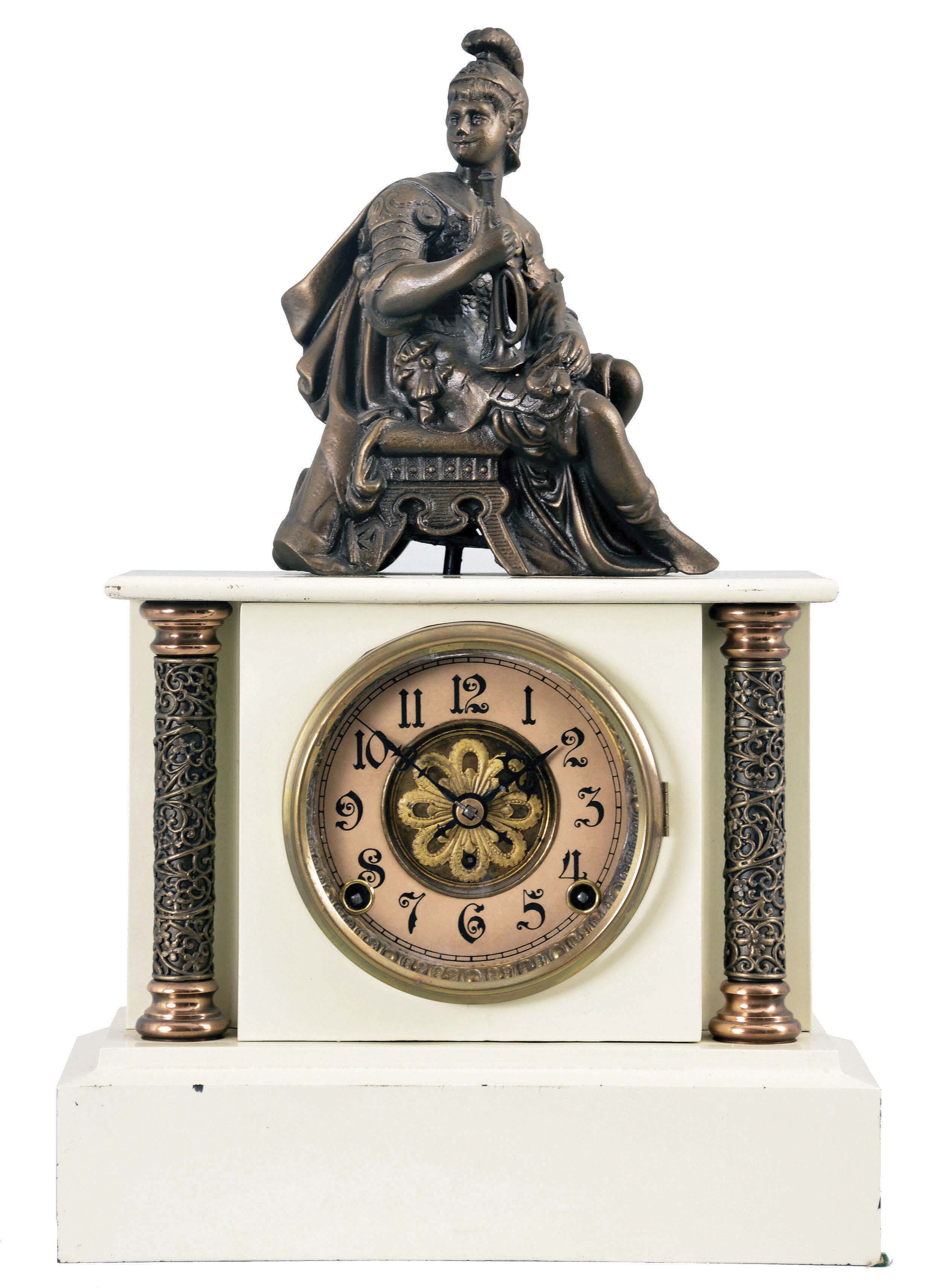 F. Kroeber Clock Co., New York, "Ivory No. 2", 8 day, time and strike, spring brass movement enameled iron mantel clock. — Antique Clocks Price Guide