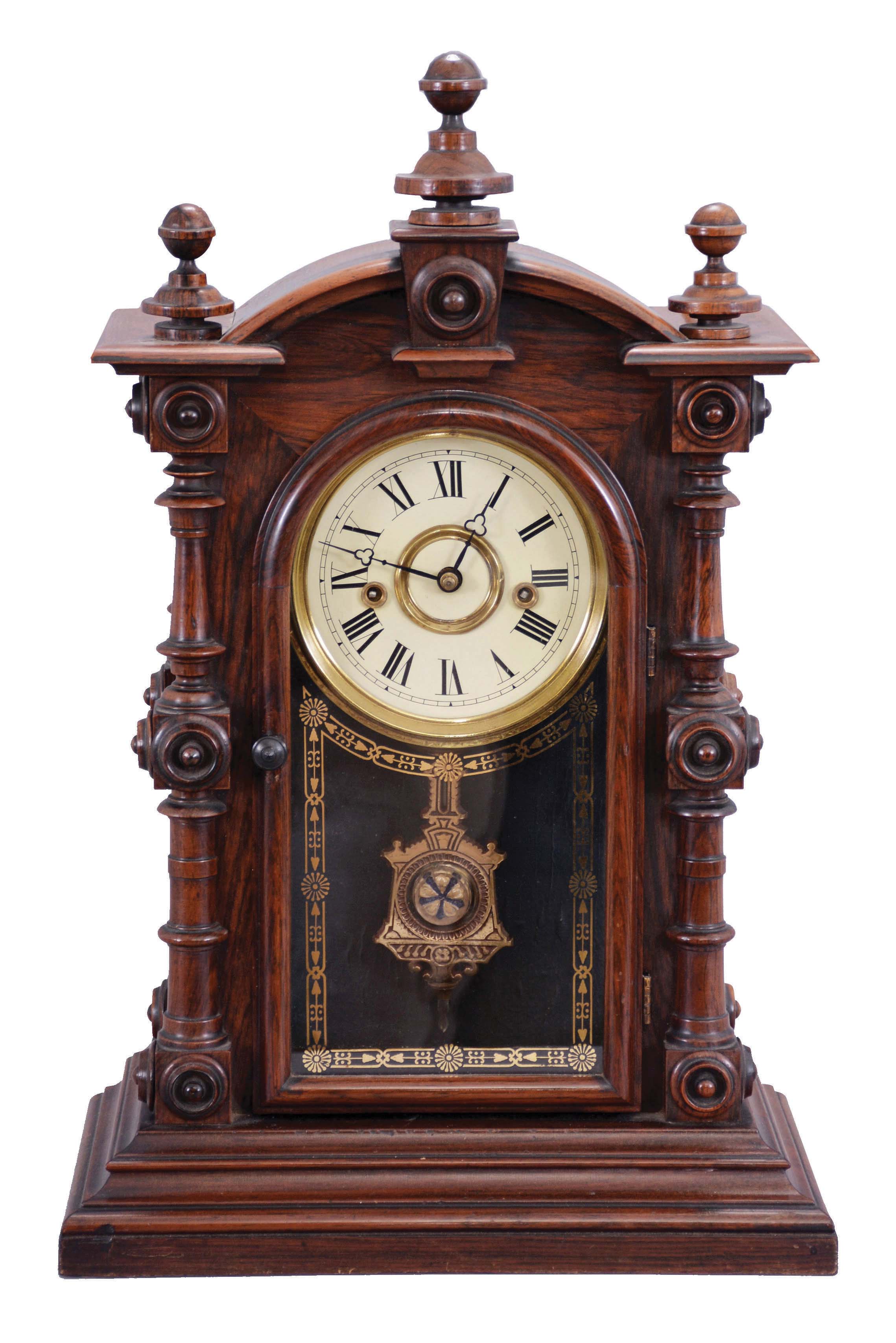 Welch, Spring &amp; Co., Bristol, Conn., "Patti V.P. No. 1" 8 day, time and strike, spring brass movement shelf clock. — Antique Clocks Price Guide