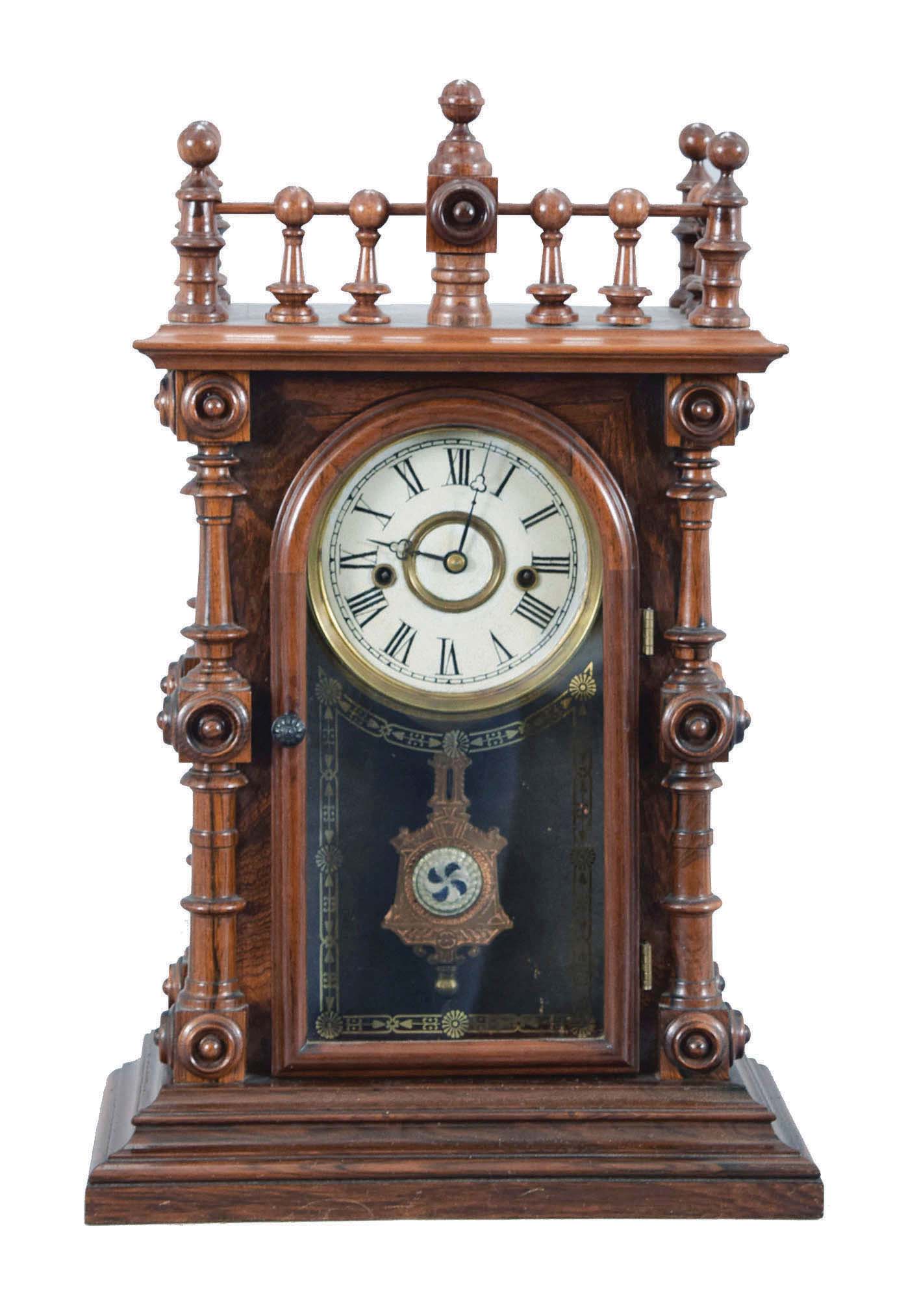 Welch, Spring &amp; Co., Forestville, Conn., "Gerster V.P.", 8 day, time and strike, spring brass movement mantel clock. — Antique Clocks Price Guide