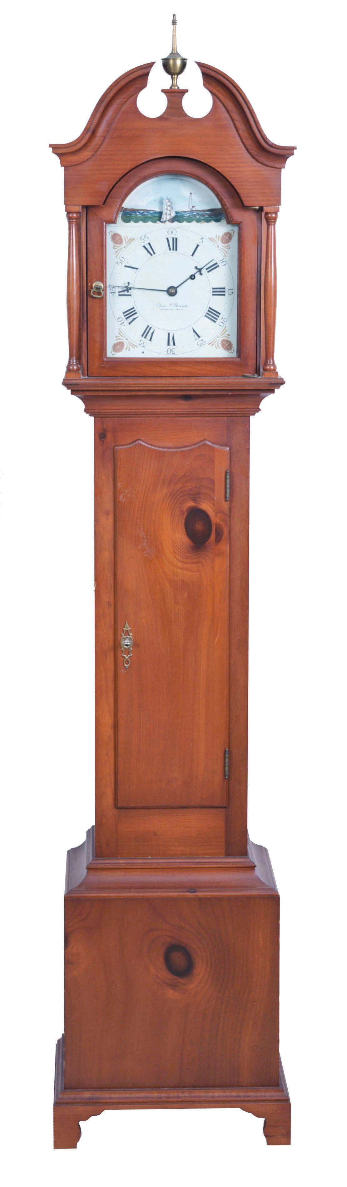 Elmer O. Stennes, Weymouth, Mass., dwarf tall or "Grandmother" clock, model "GM No. 2" with 8 day, time only, weight driven, brass Kilbourn &amp; Proctor movement with painted metal dial with rocking ship in a pine case, stamped "74" and "1" and branded with Stennes signature on rear of trunk door — Antique Clocks Price Guide