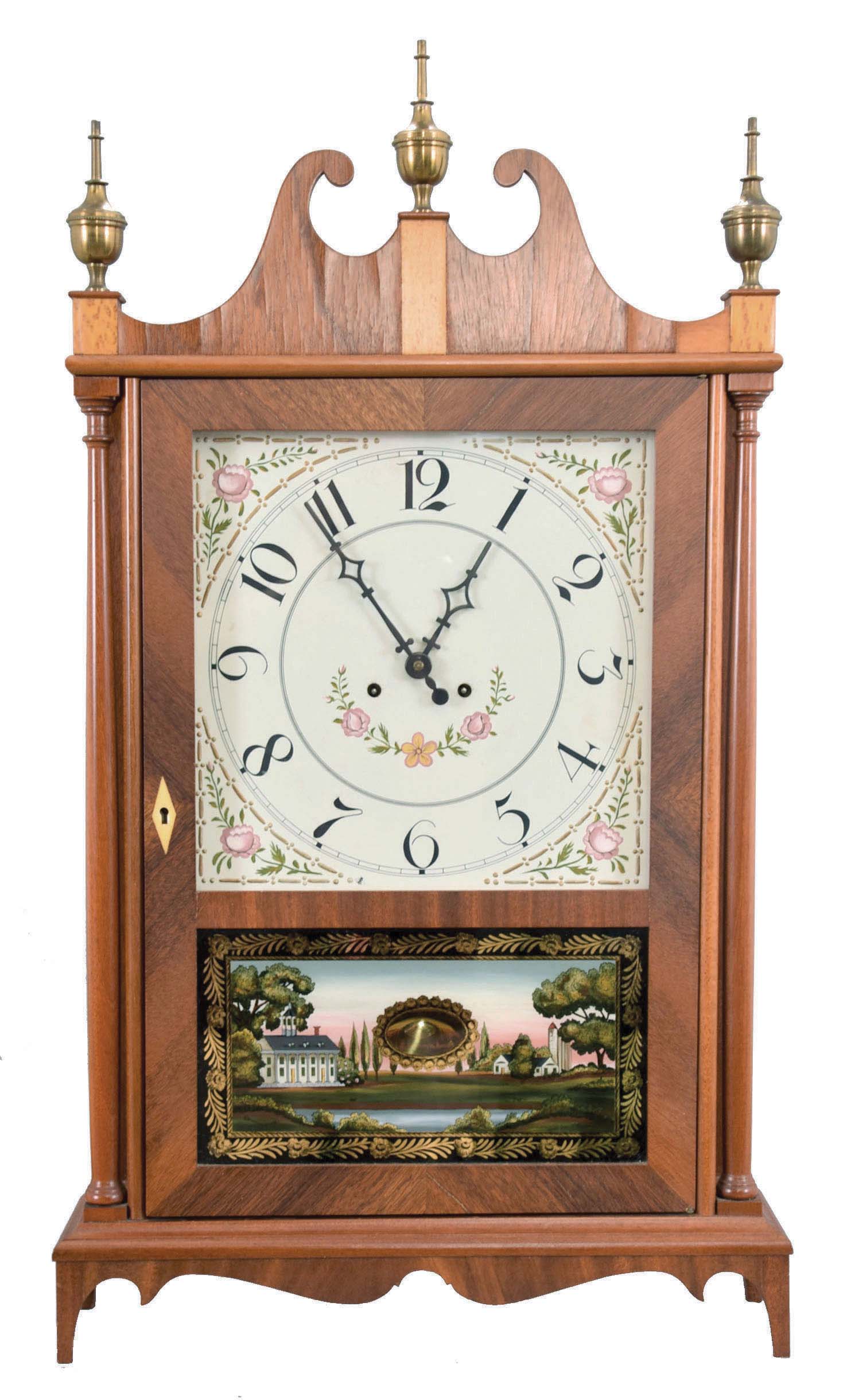 Elmer O. Stennes, Weymouth, Mass., 8 day, time and strike, spring brass movement pillar &amp; scroll shelf clock. Case is stamped "36", "75". — Antique Clocks Price Guide