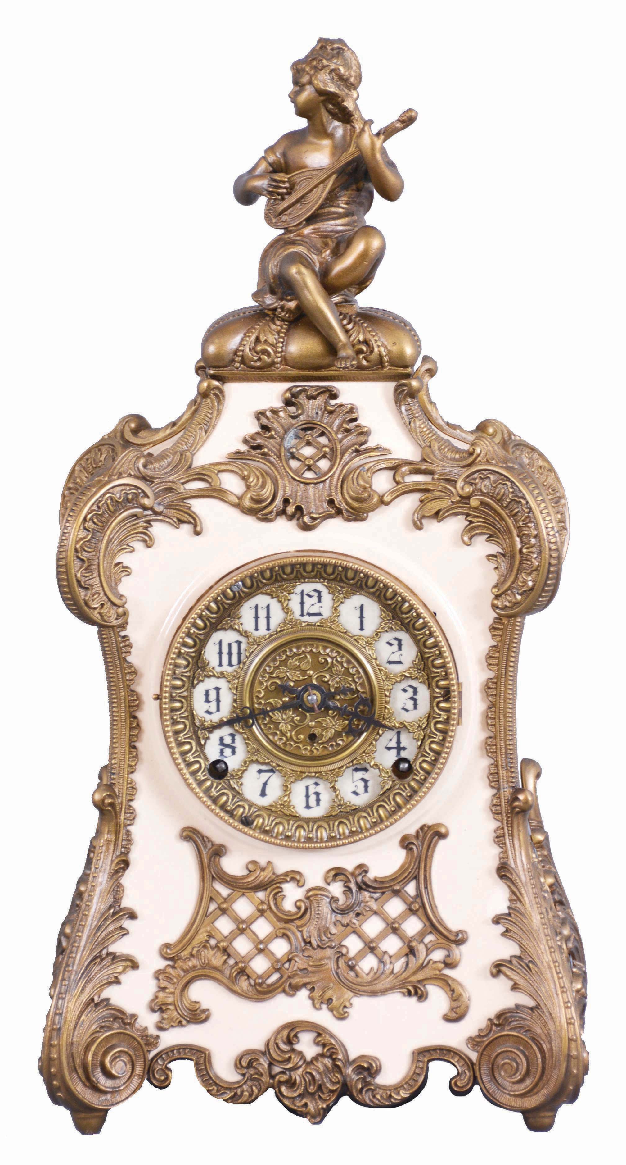 F. Kroeber Clock Co., New York, "Pampadour", 8 day, time and strike, spring brass movement enameled iron case mantel clock. — Antique Clocks Price Guide