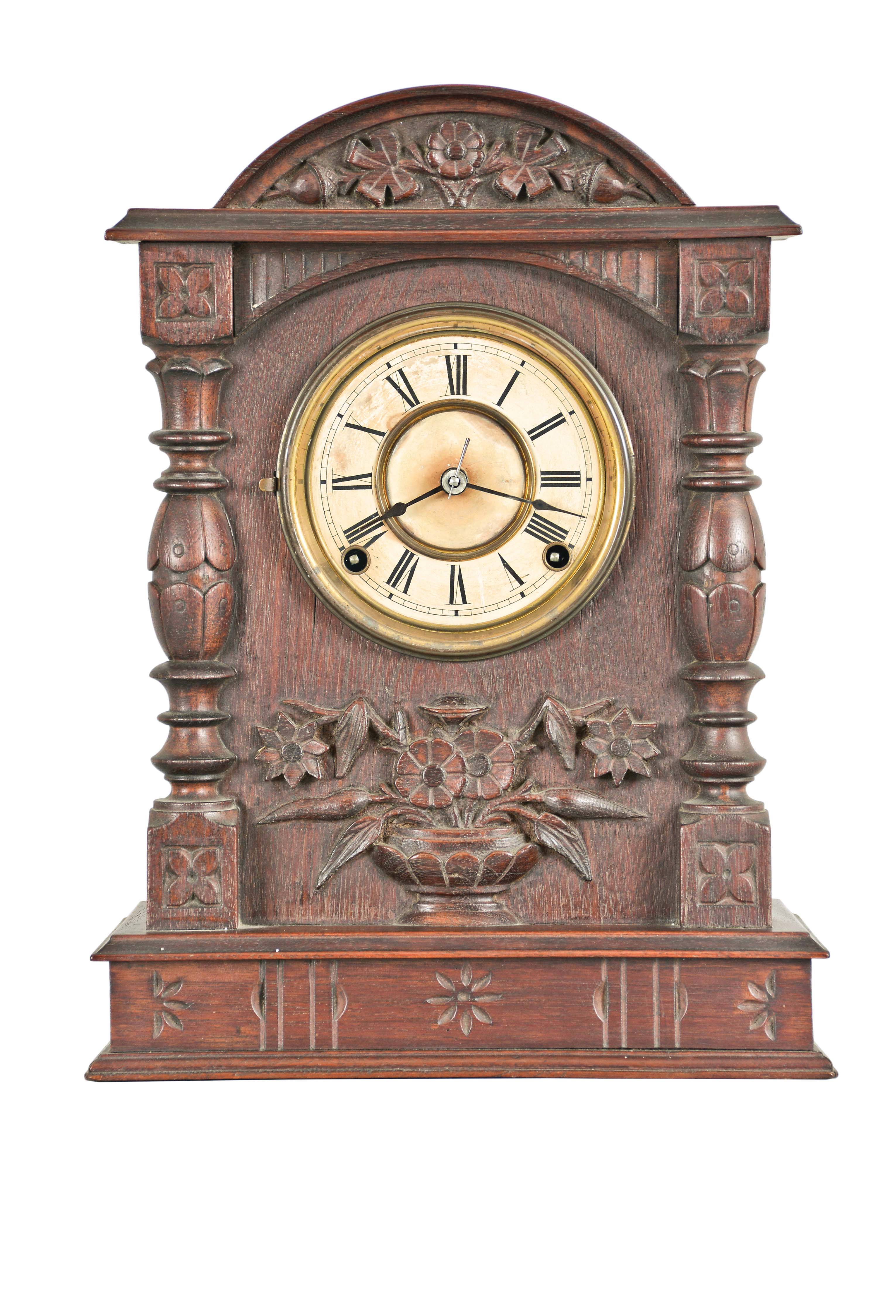 F. Kroeber Clock Co., New York, "Cabinet No. 58", 8 day, time and strike, spring brass movement shelf clock. — Antique Clocks Price Guide