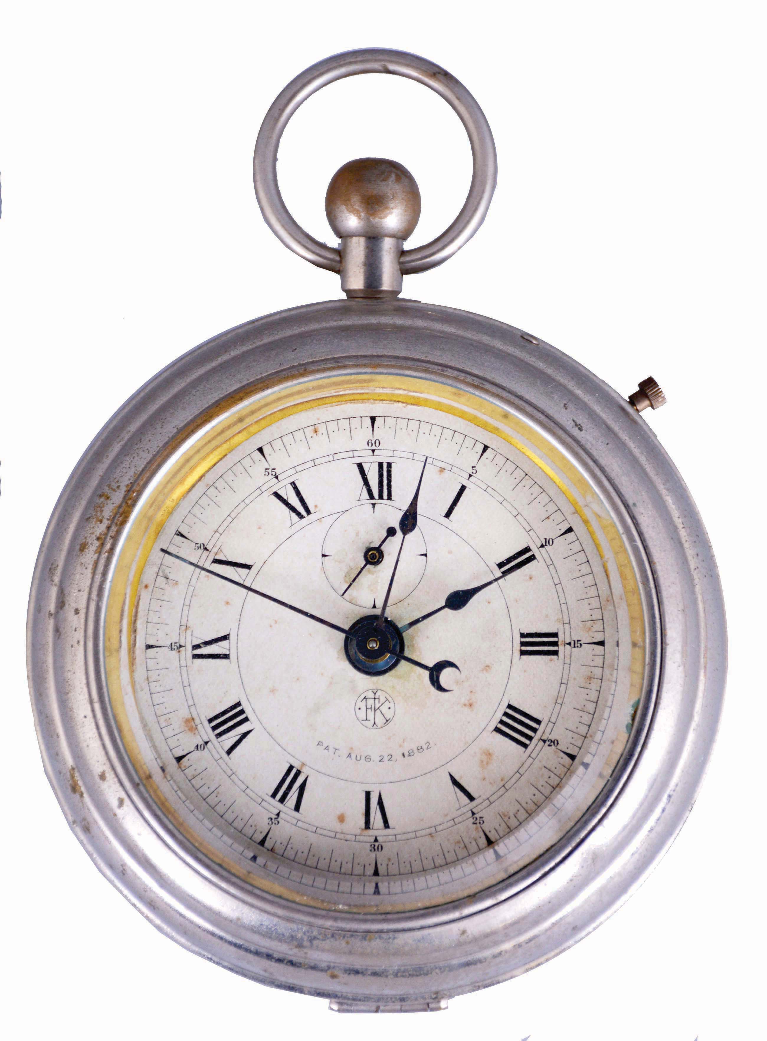 F. Kroeber Clock Co., New York, "Grandfather" novelty clock with a spring driven 30 hour timepiece movement with a sweep second hand and a quarter second hand in a nickel plated case. — Antique Clocks Price Guide