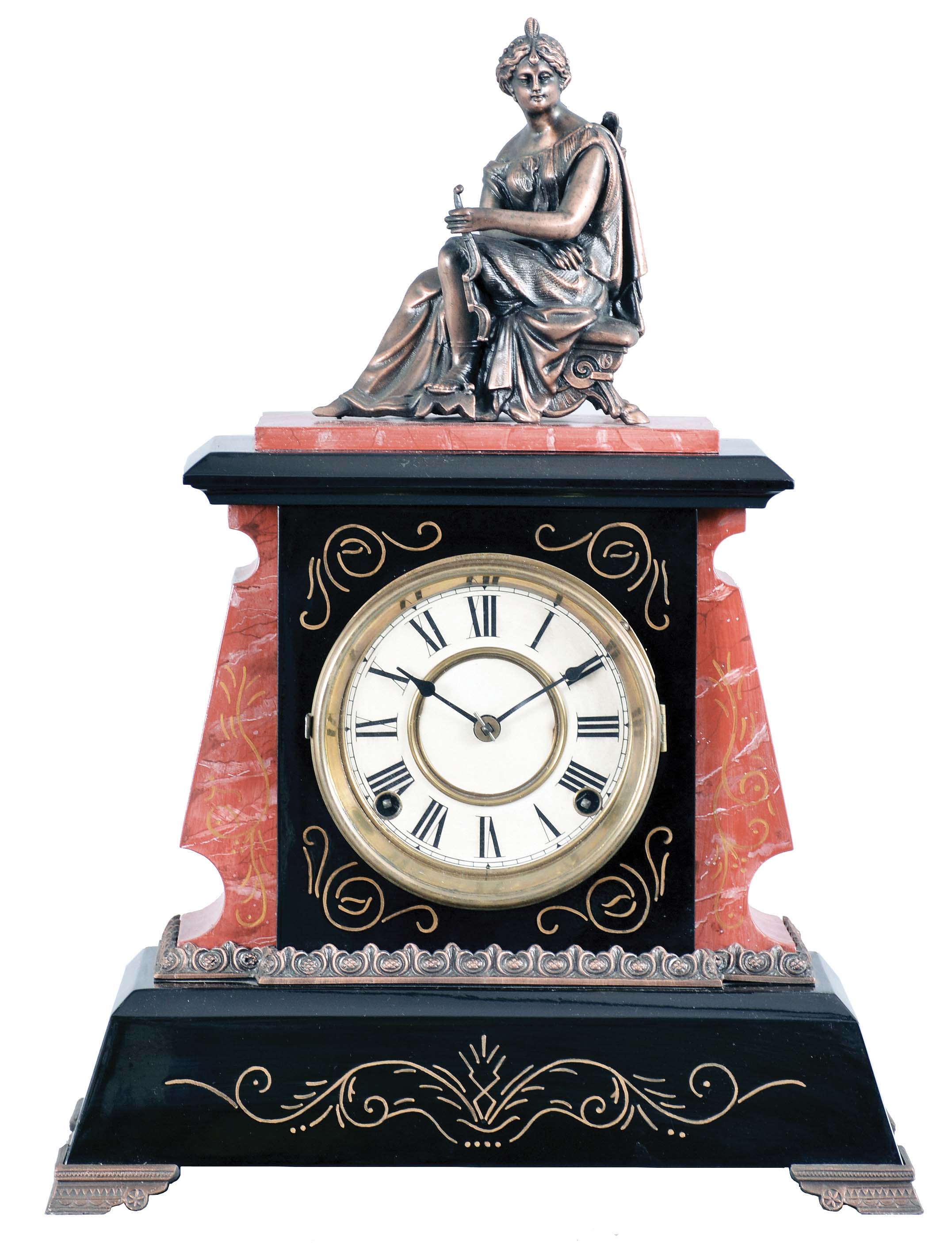 F. Kroeber Clock Co., New York, "Lisbon with Figure", 8 day, time and strike, spring brass movement mantel clock. — Antique Clocks Price Guide