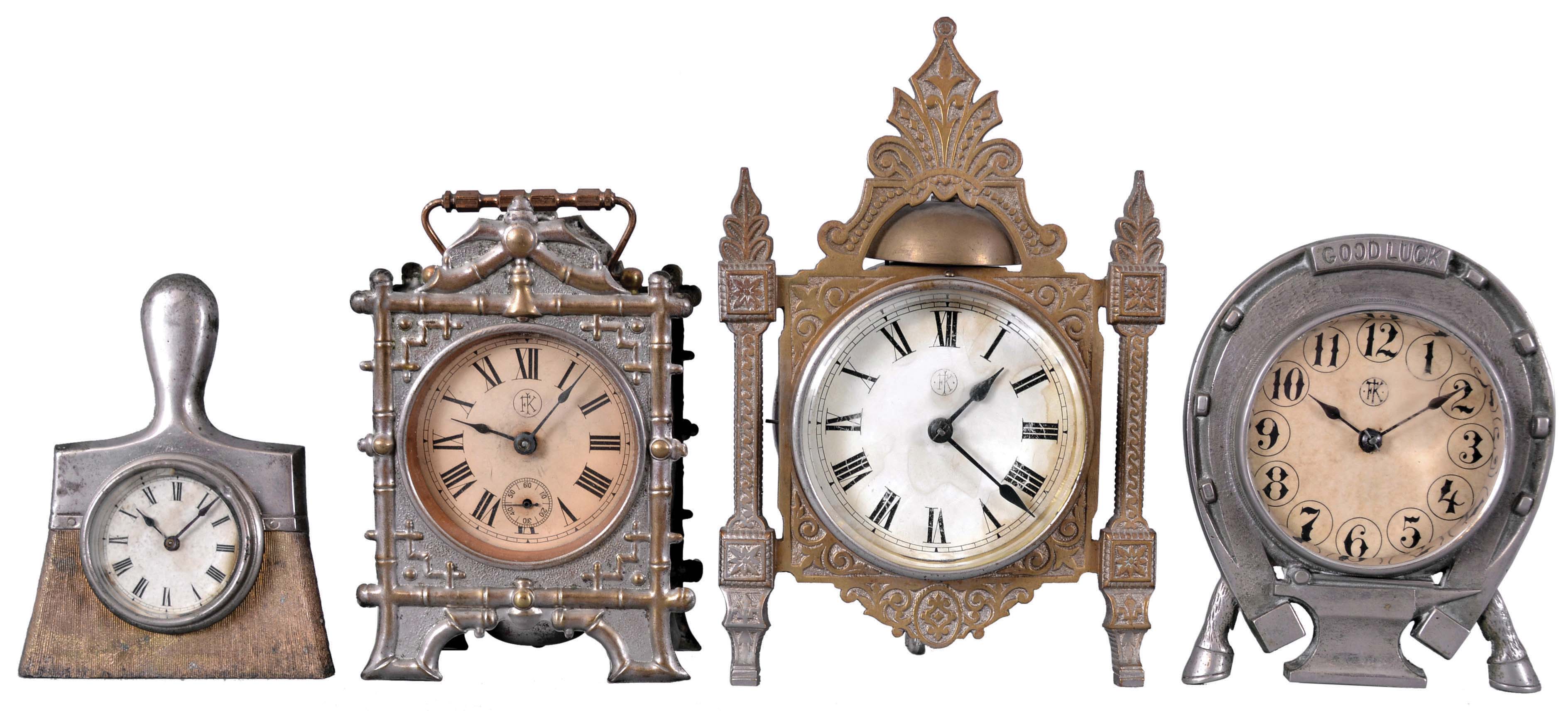 Clocks- 4 (Four) F. Kroeber Clock Co., New York, 30 hour, spring driven balance wheel clocks including a "Thisle" alarm c1879, a "Trump" alarm c1882, a "Brush" novelty c1887, and "Good Luck" with Welch movement, c1880. — Antique Clocks Price Guide