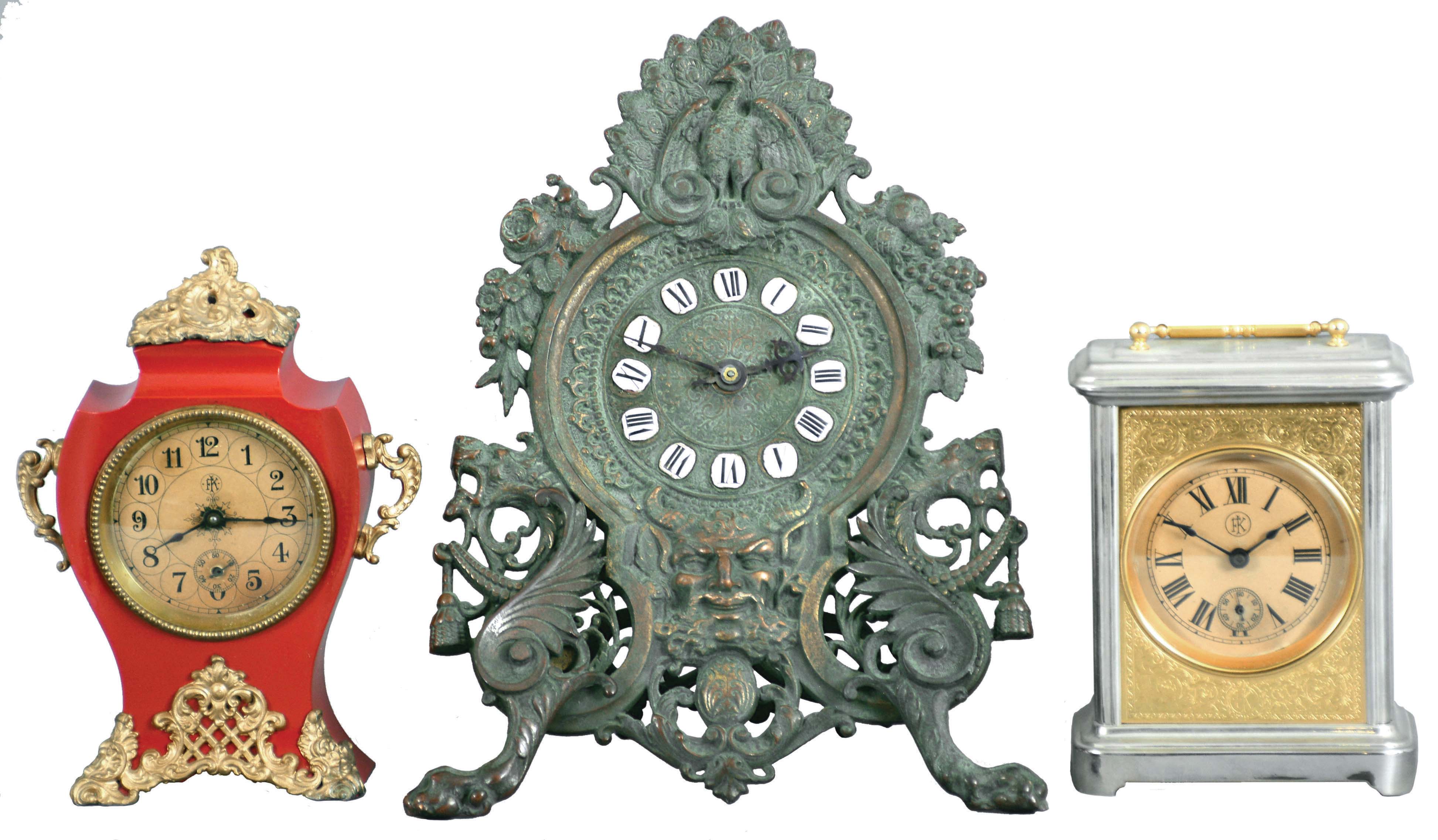 Clocks- 3 (Three) Kroeber Alarm: (1) F. Kroeber Clock Co., New York, "Brass Easel No. 1" alarm clock, 30 hour, time and alarm, spring driven balance wheel movement in a cast brass case featuring enameled numerals, satyr head, peacock, and two winged dragon figures, c1888; (2) F. Kroeber Clock Co., New York, "Josephine" alarm clock, 30 hour, time and alarm, spring driven balance wheel movement in cast metal case, c1898. (3) F. Kroeber Clock Co., New York, carriage style alarm clock, 30 hour, time and alarm, spring driven balance wheel movement in metal case. — Antique Clocks Price Guide