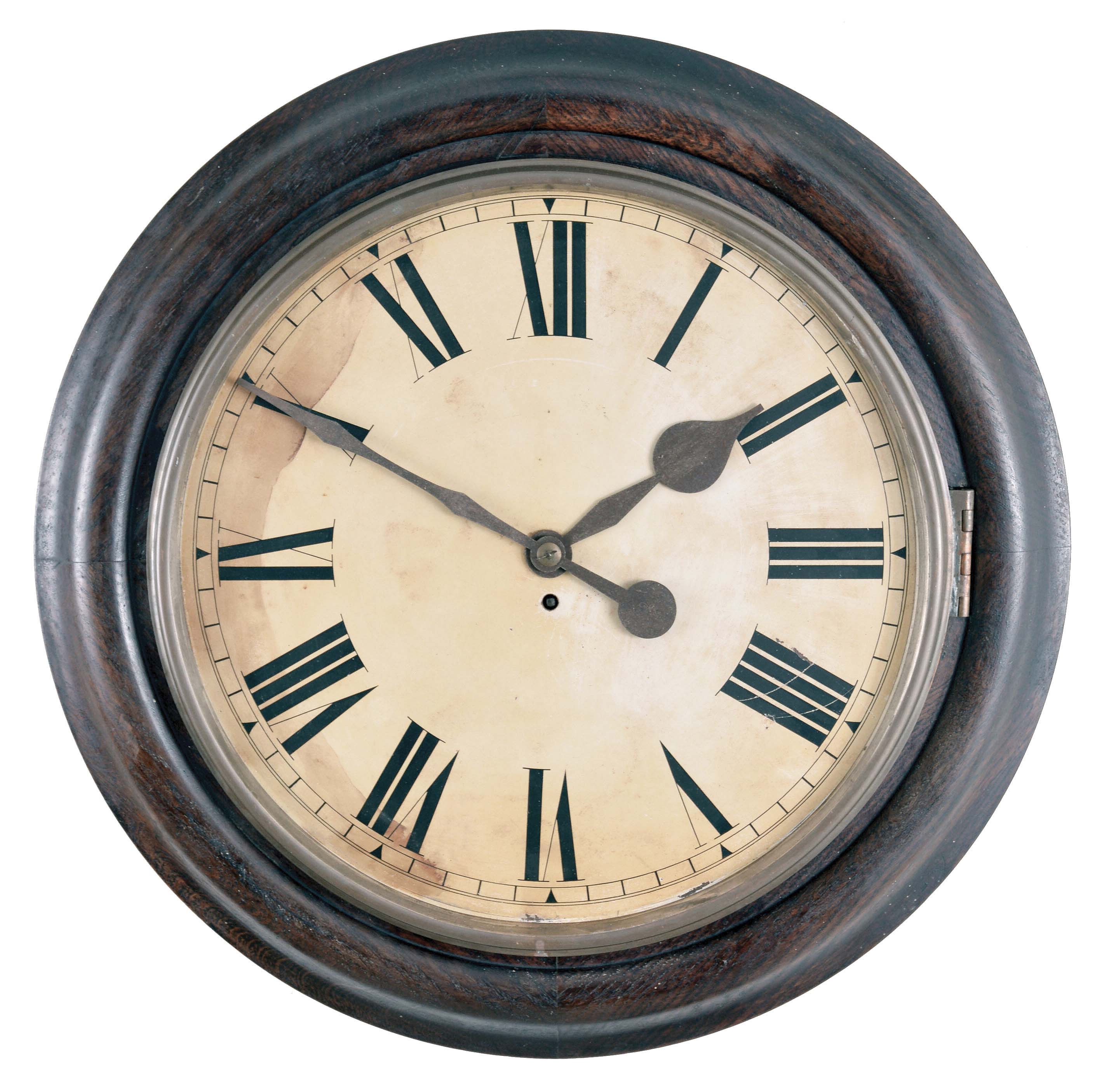 England, gallery wall clock, 8 day, time only, spring driven movement with fusee in an oak case with painted metal dial — Antique Clocks Price Guide