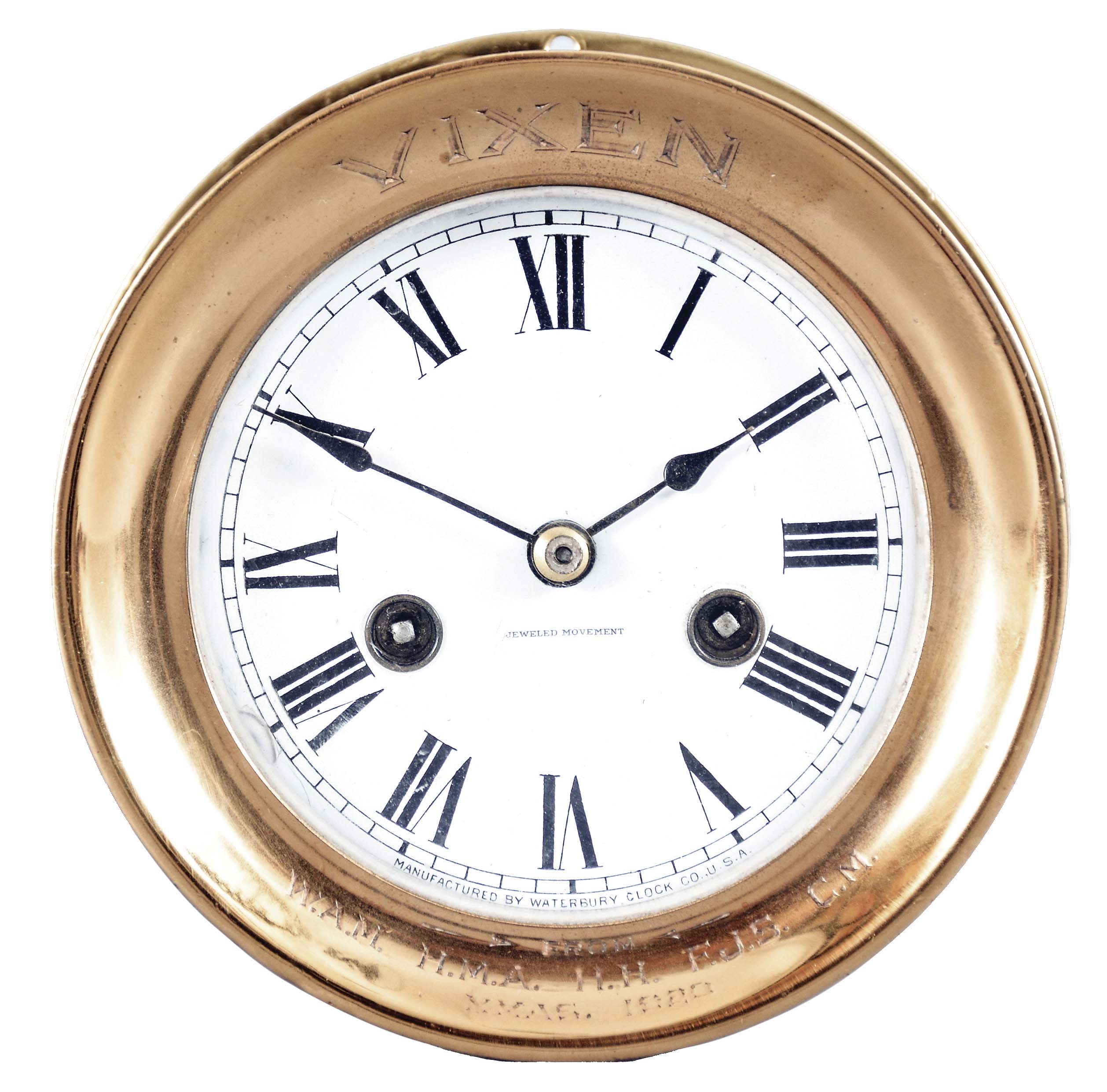 Waterbury Clock Co., Waterbury, Conn., "Ship's Bell No. 2", 8 day, time and strike, spring driven, jeweled movement in a polished brass case with hinged bezel and 4.5 inch porcelain dial, c1920. — Antique Clocks Price Guide