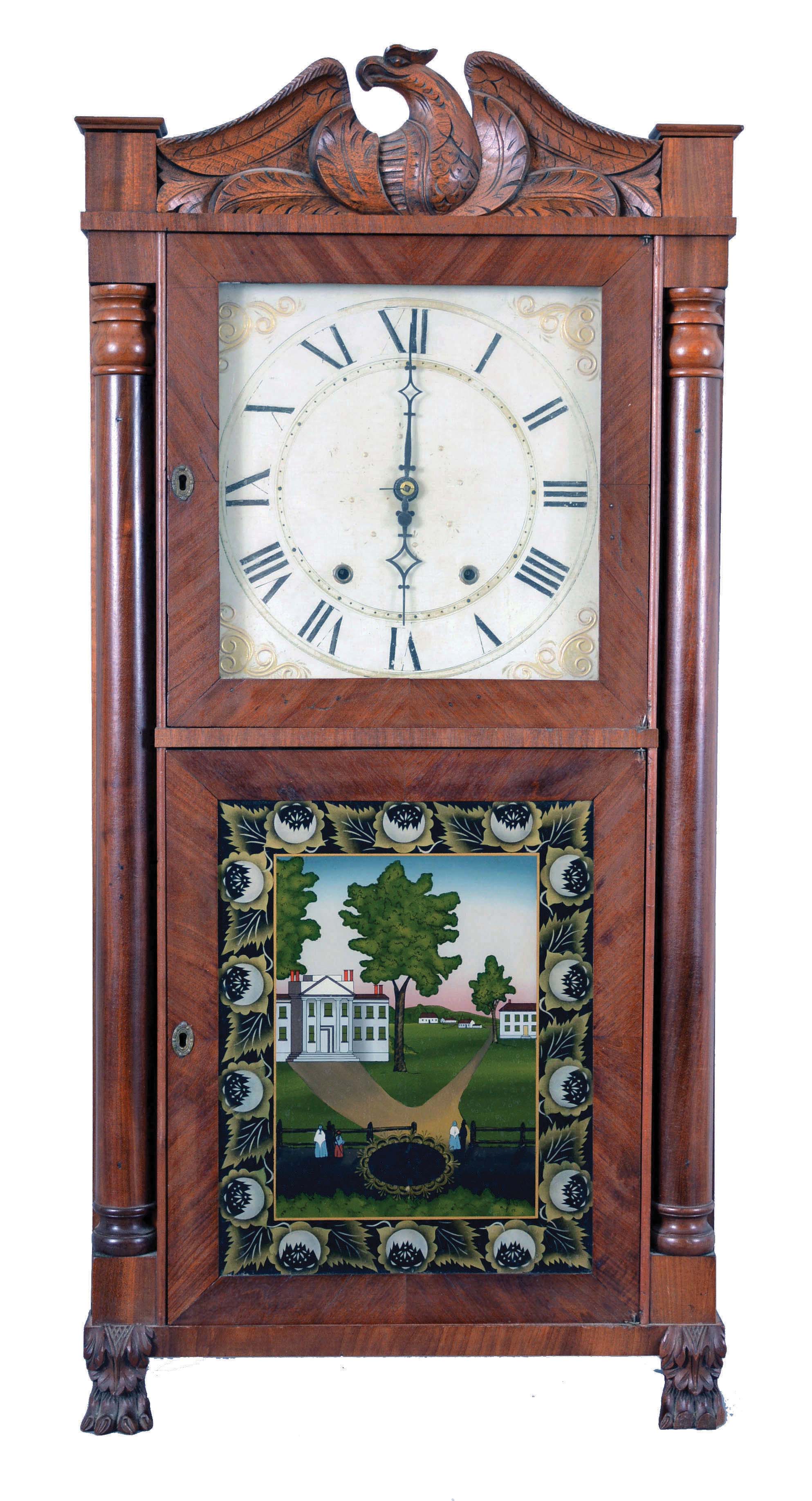 Seth Thomas Clock Co., Plymouth Hollow, Conn., half column and carved eagle splat shelf clock with a weight driven, 8 day, time and strike wooden works clock in a mahogany veneered case. — Antique Clocks Price Guide