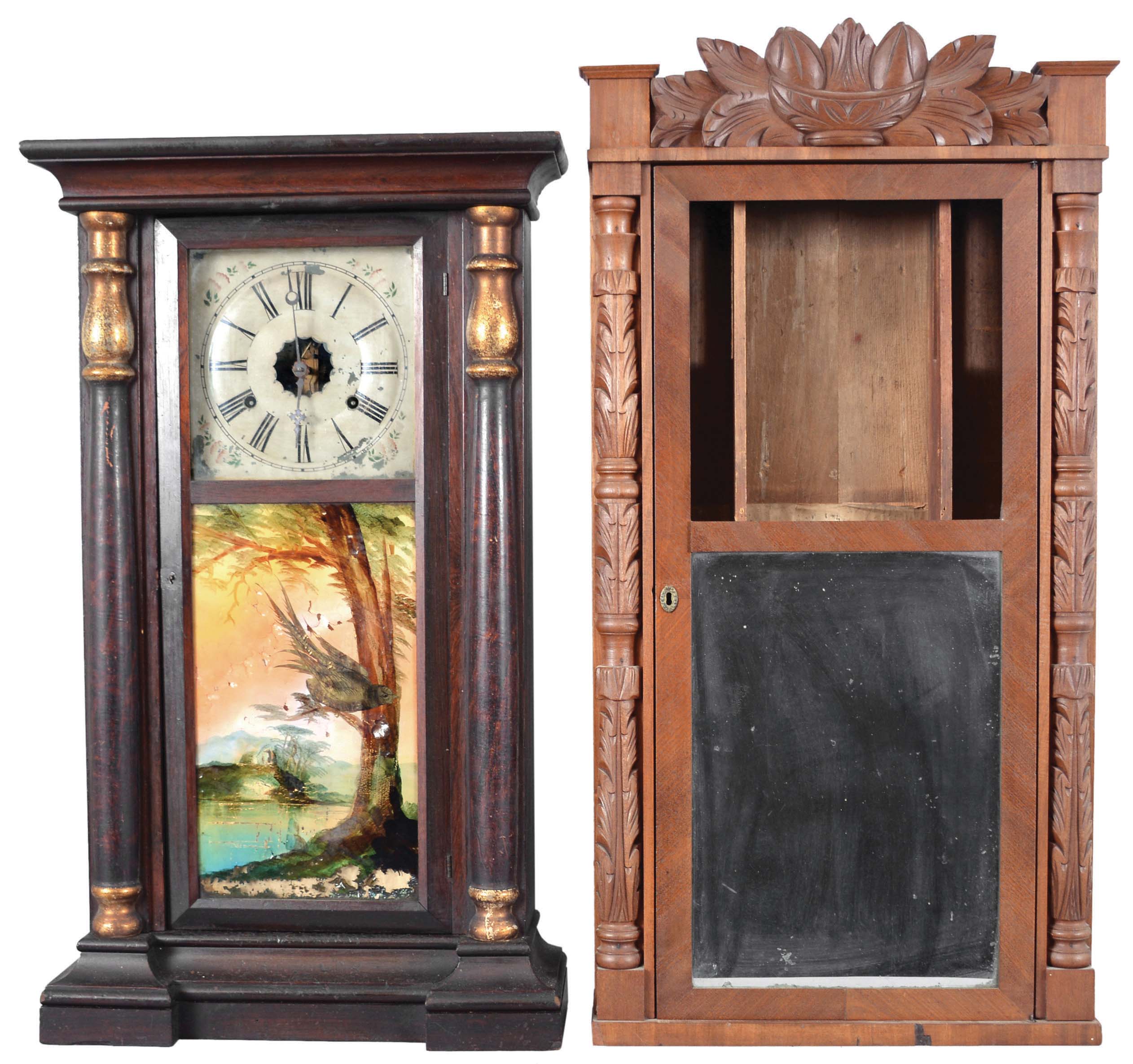 Clocks- 3 (Three): American shelf clocks: (1) Marsh, Gilbert &amp; Co., Farmington, Conn., carved half column and carved eagle splat shelf clock with a weight driven 30 hour time and strike movement in a mahogany veneered case, c1833; (2) Boardman &amp; Wells, Bristol, Conn., carved half column and carved splat case only, c1835. (3) Solomon C. Spring, Bristol, Conn., half column shelf clock with a weight driven, 8 day, time and strike strap brass movement in a rosewood veneered case, c1860. — Antique Clocks Price Guide