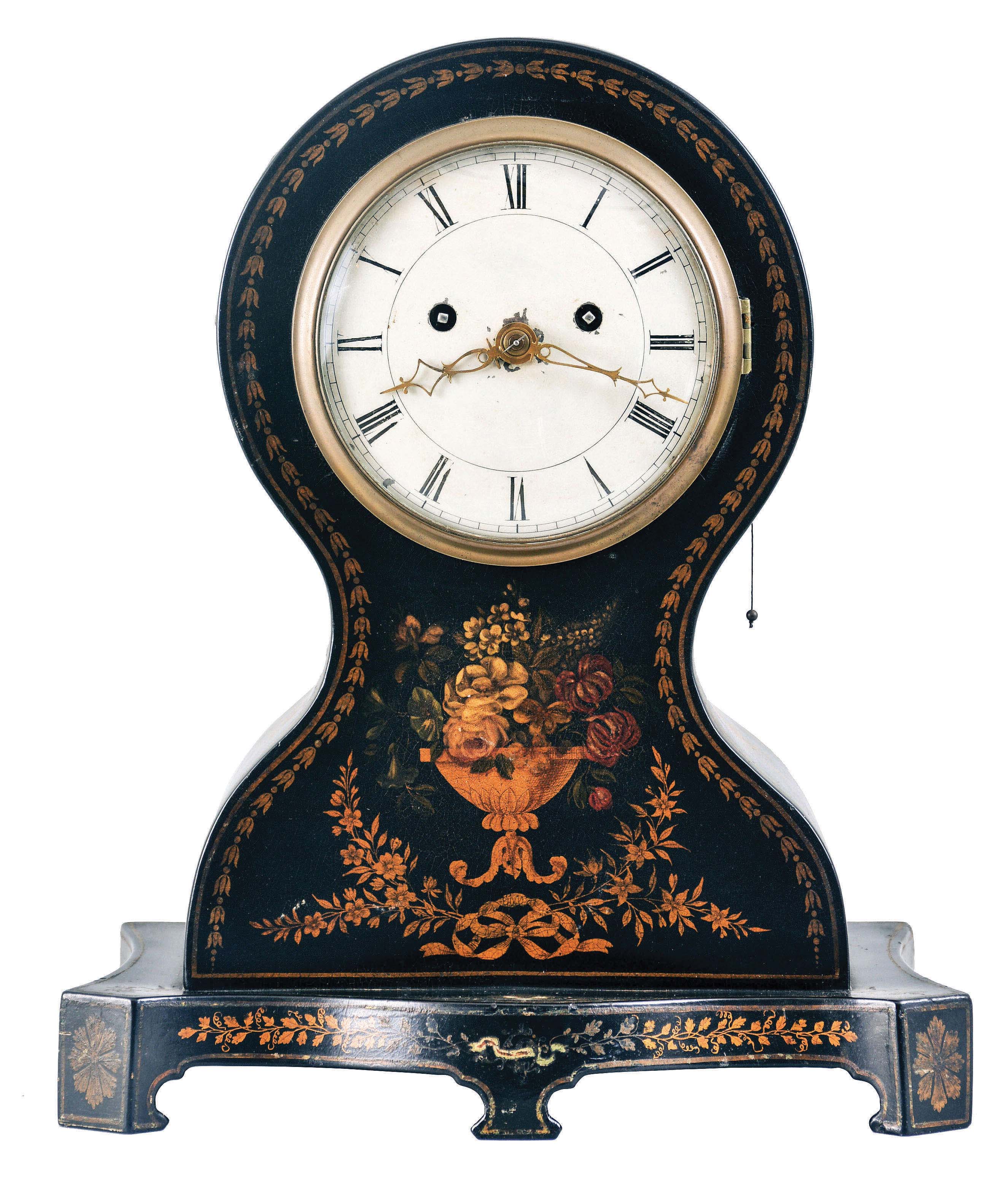England, Unknown, 8 day, time and strike, spring brass fusee movement with pull repeat in a balloon form paper mache case mantel clock. — Antique Clocks Price Guide