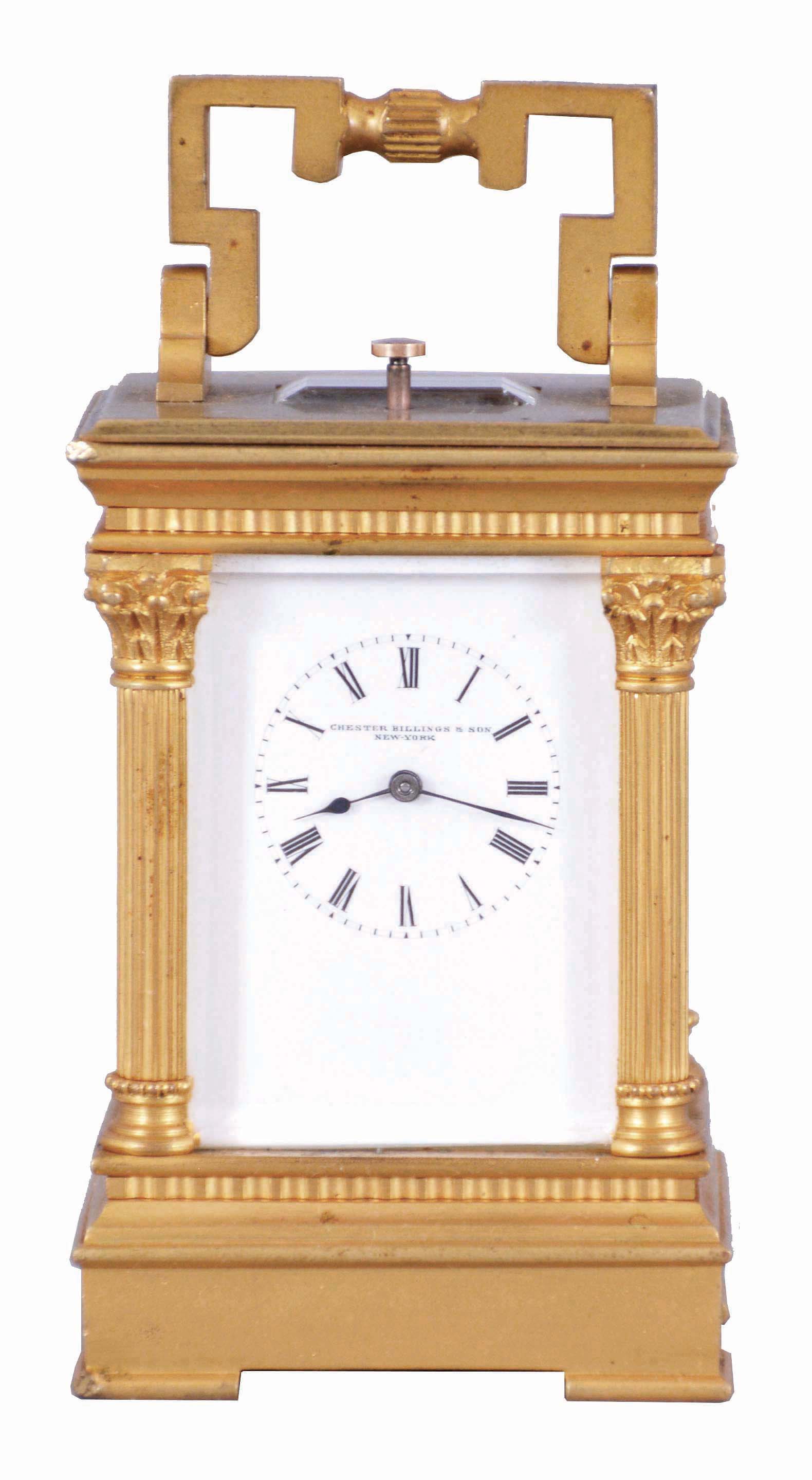 L. Tissot and Cie., Switzerland, for Chester Billings &amp; Son, New York, miniature hour repeating carriage clock, the gilt, glazed Anglaise Riche style case in mignonette #3 size, Roman numeral white enamel dial, blued steel hands, gilt 8 day movement with lever platform and cut bimetallic balance, repeating the hours on demand, with Tissot logo at lower left, back plate, serial #54093 — Antique Clocks Price Guide