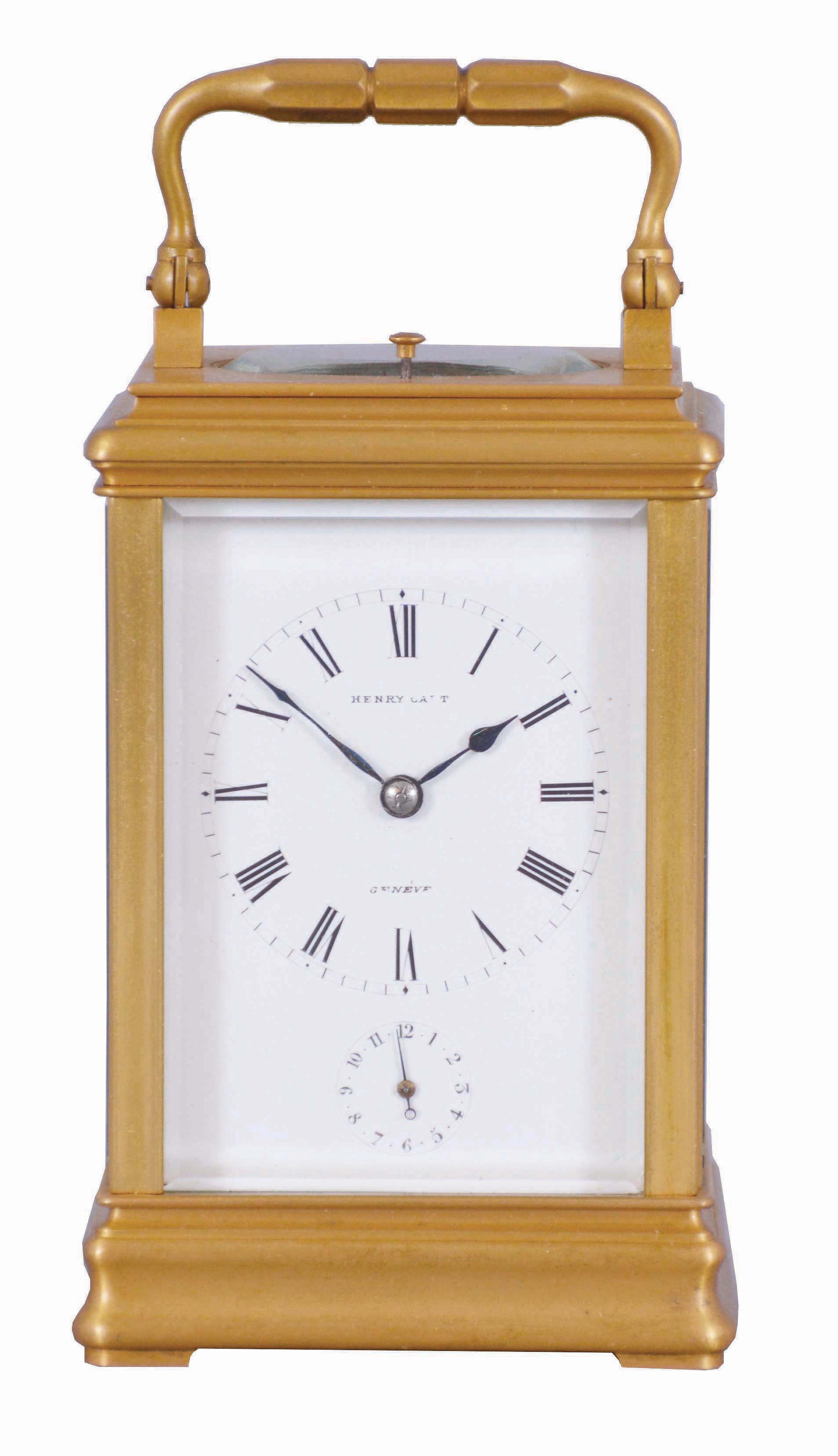 Margaine, Paris, for Henry Capt, Geneva, a Cannelee cased hour repeating carriage clock, glazed, gilt case with molded top and base, signed Roman numeral white enamel dial, blued steel spade and poker hands, 8 day time, strike, and alarm movement with lever platform, repeating the last hour on demand, the back plate with Margaines mark — Antique Clocks Price Guide