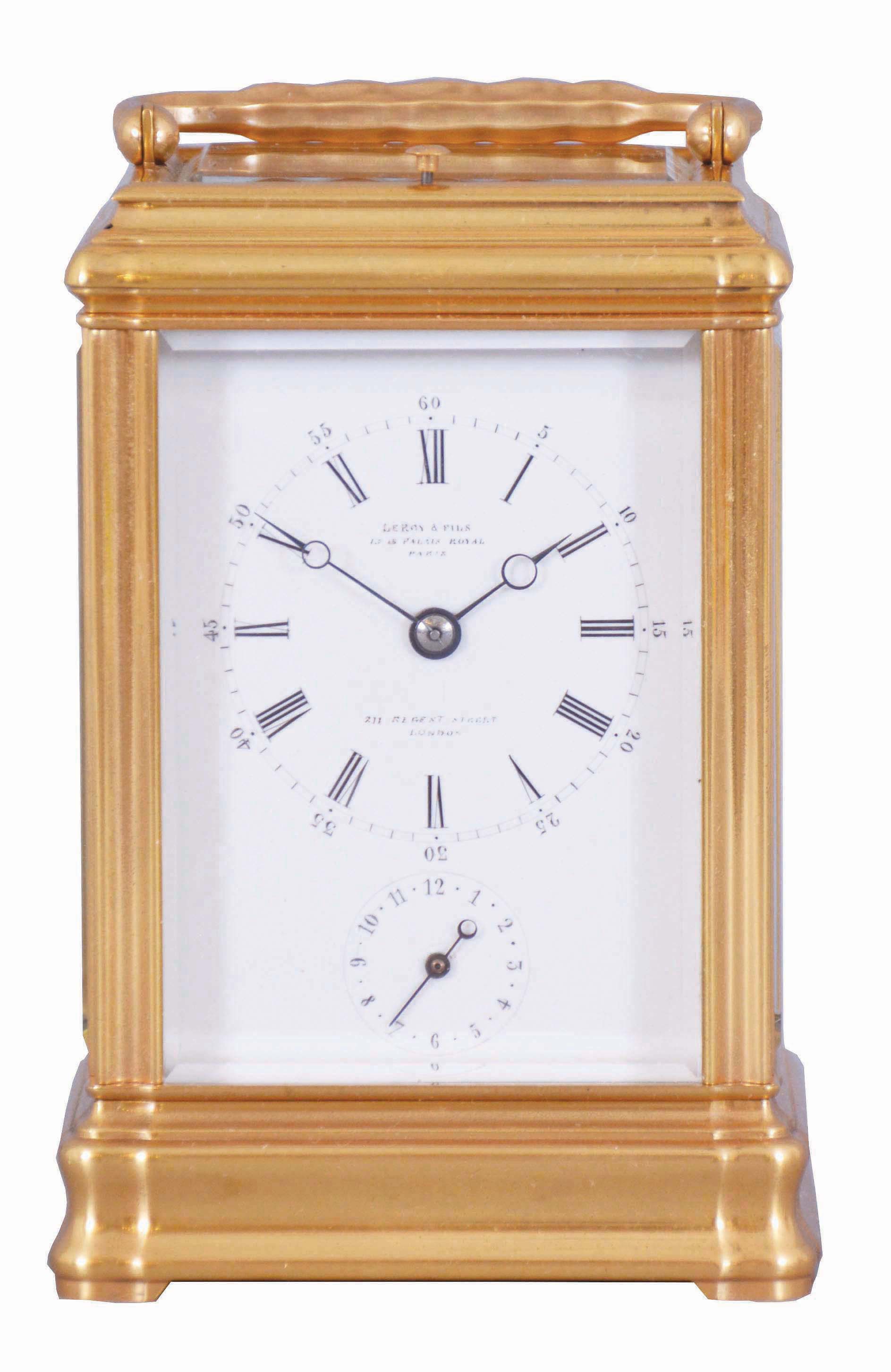 Leroy &amp; Fils, Paris, a good, Gorge cased hour repeating carriage clock with alarm, gilt, glazed case with carrying handle, signed Roman numeral white enamel dial, bearing the firms addresses in Paris and London, blued steel Breguet style hands, 8 day time, strike and alarm movement with lever platform, and repeating the last hour on demand, the back plate marked "Repassee par Leroy &amp; Fils Palais Royal 13 &amp; 15, Paris", and also with the mark of Drocourt, serial #8909 — Antique Clocks Price Guide