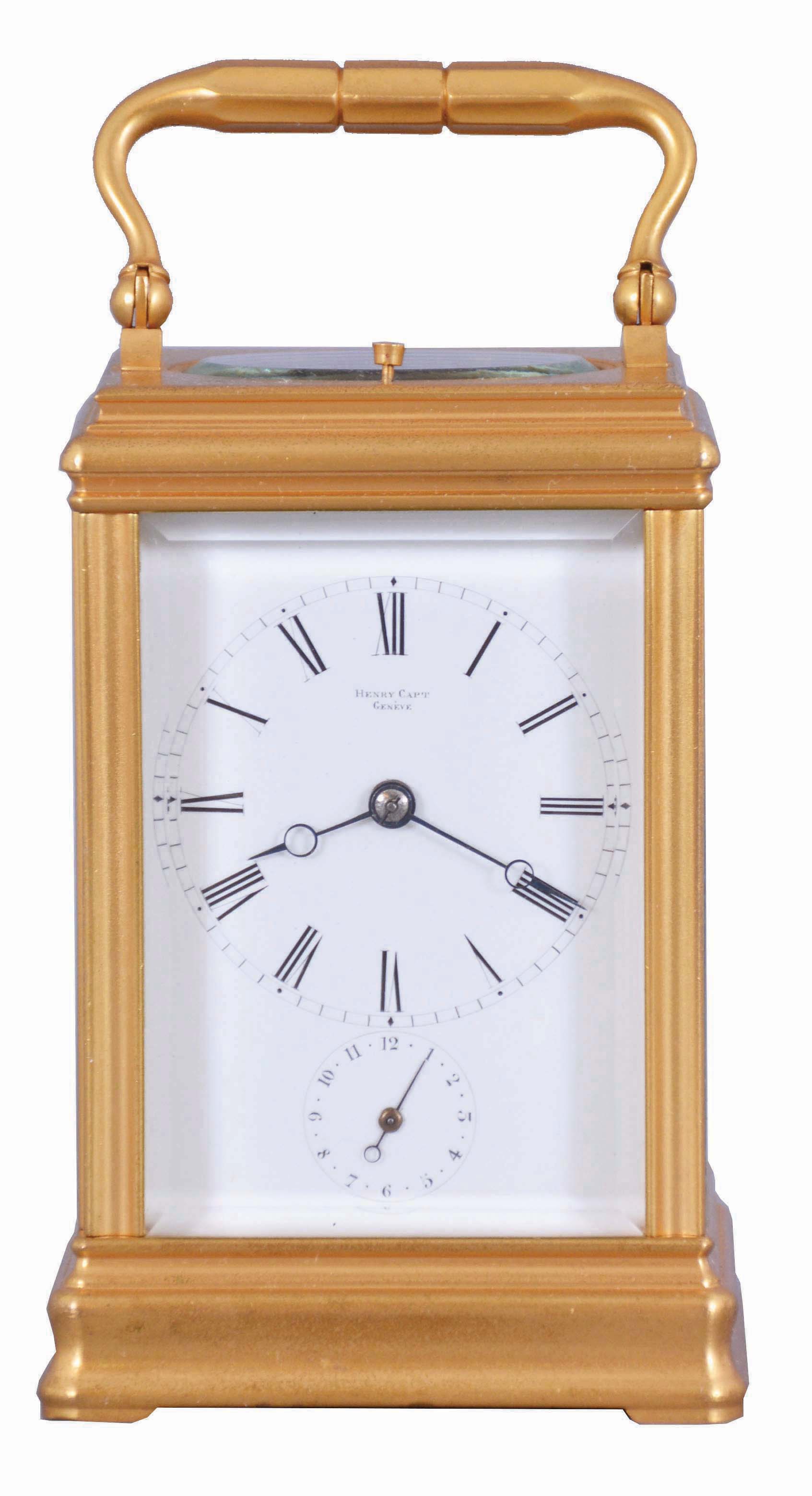 Drocourt, Paris, for Henry Capt, Geneva, a Cannelee cased hour repeating carriage clock, glazed, gilt case with molded top and base, signed Roman numeral white enamel dial, blued steel Breguet style hands, 8 day time, strike, and alarm movement with lever platform, repeating the last hour on demand, the back plate with Drocourt's mark, serial #10018 — Antique Clocks Price Guide