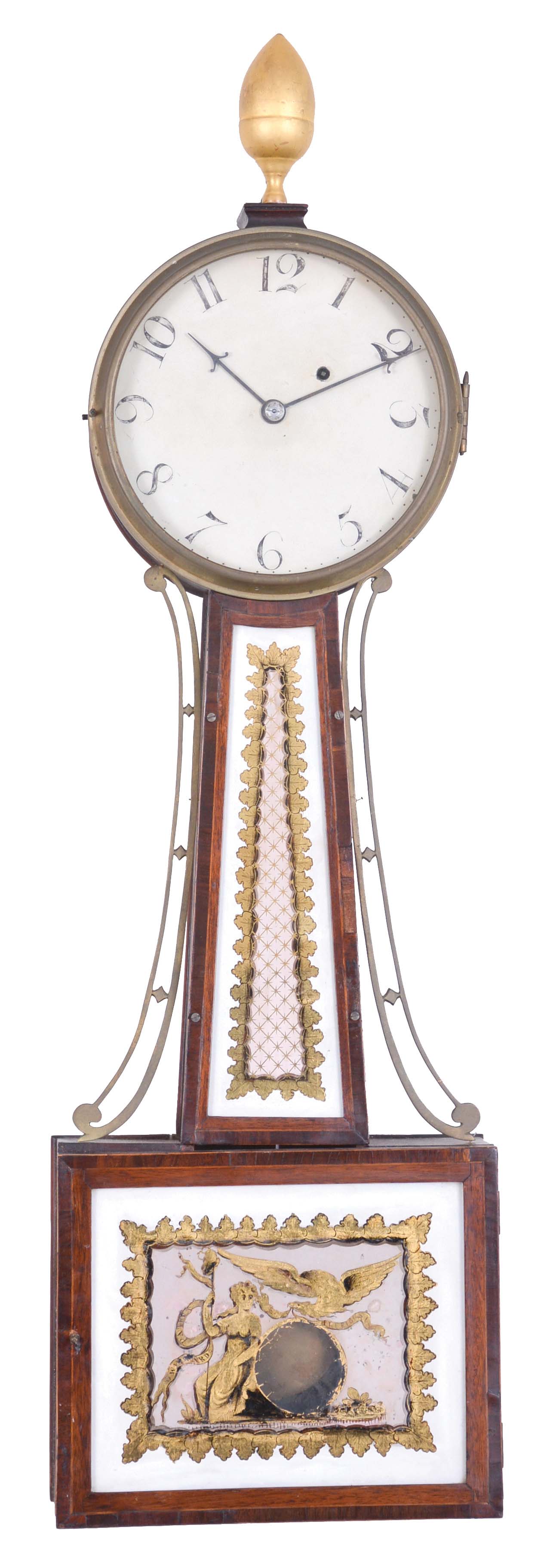 Ansel Turner, Roxbury, Massachusetts, mahogany patent timepiece or "banjo" clock, No. 27, with gilded acorn final over the brass bezel and painted iron arabic numeral dial, the waist section, flanked by brass side ornaments, the cross banded frame containing a reverse-painted glass with gilt leafage and cross hatching on a salmon ground, the box door also with cross-banded frame, housing a reverse-painted glass marked "S. Willard's Patent" and "E Pluribus Unum" shown on banners held by the American eagle and Lady Liberty, with staff and the Liberty Cap, all leaning on the remains of the globe with latitude and longitude markings and with aperture for viewing pendulum, eight day timepiece movement with t bridge suspension, step train, and recoil escapement, powered by a lead weight and regulated by a brass faced pendulum bob and steel rod, the back side of the back plate is inscribed "A Turner/ No. 27 1809". — Antique Clocks Price Guide