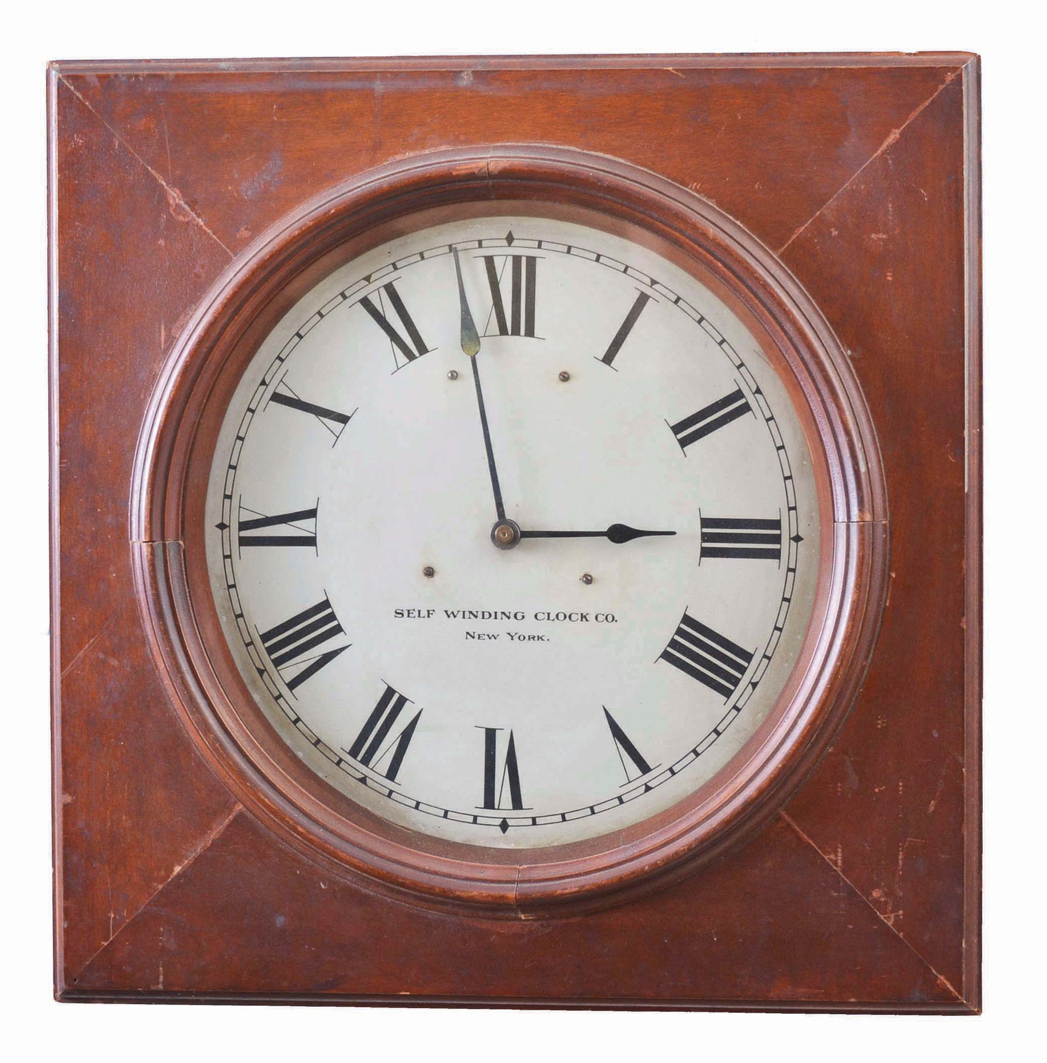 Clocks- 2 (Two) Self-Winding: (1) Self-Winding Clock Co., New York, "No. 18" electrically-wound wall clock in a stained birch case, c1910; (2) Self-Winding Clock Co., New York, electrically-wound gallery clock with 13 inch dial in a wood case. — Antique Clocks Price Guide