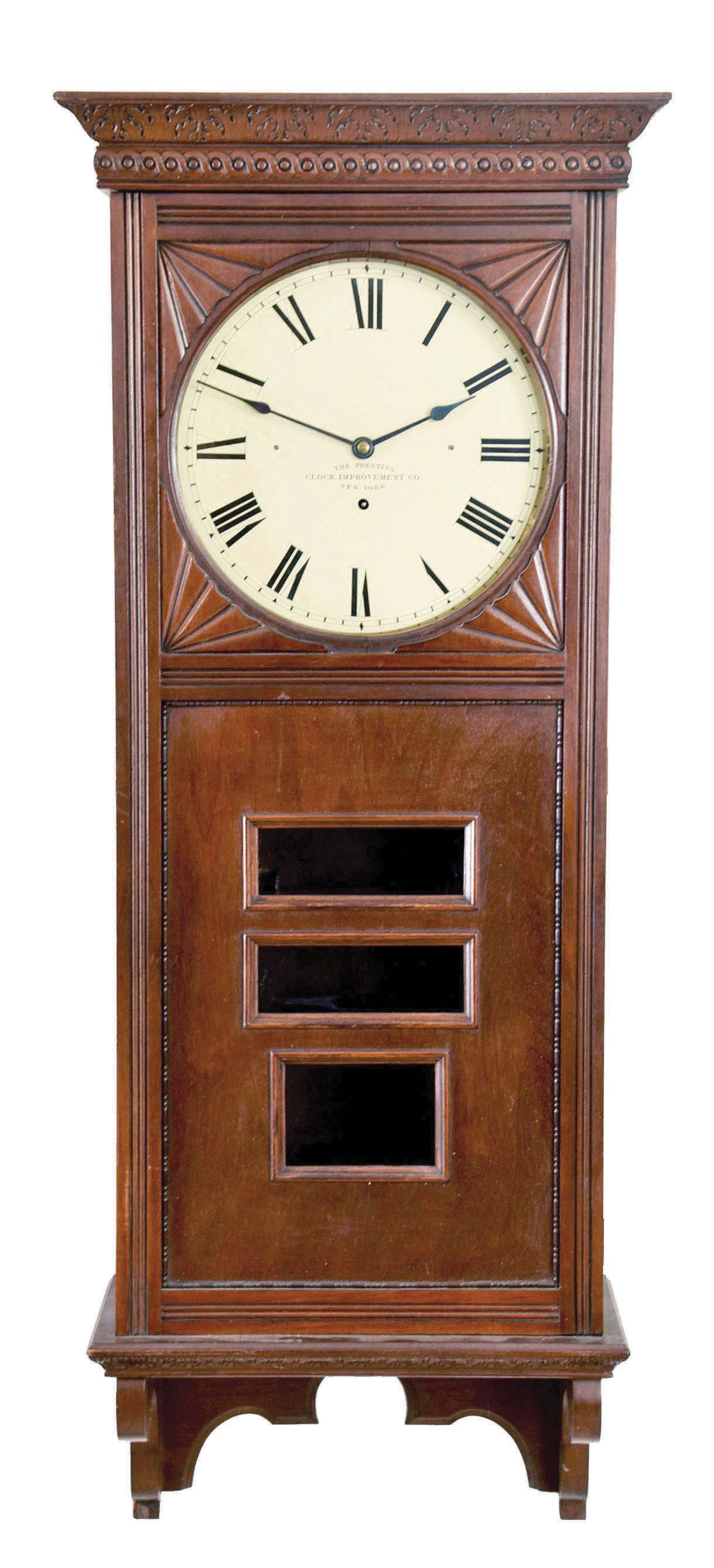 Prentiss Clock Improvement Co., calendar clock case and long duration movement only, no pendulum — Antique Clocks Price Guide