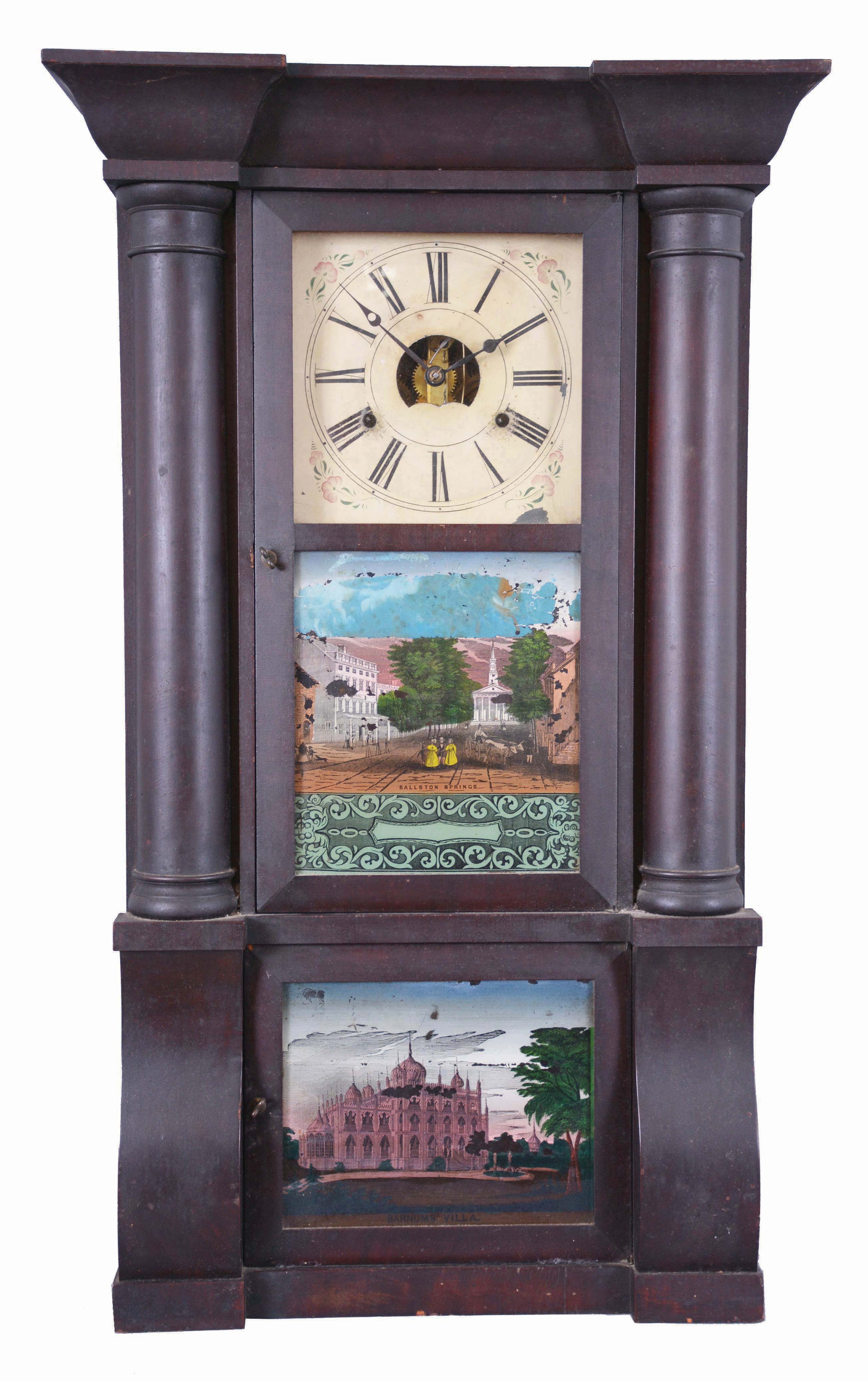 Clocks- 2 (Two): American shelf clocks: (1) Birge, Peck &amp; Co., Bristol, Conn., cornice and column shelf clock with a weight driven, 8 day, time and strike brass strap movement in a mahogany veneered case, c1850; (2) Atkins Clock Co., Bristol, Conn., "London" shelf clock with a spring driven, 8 day, time and strike movement (265B) in a rosewood veneered case, c1865. — Antique Clocks Price Guide