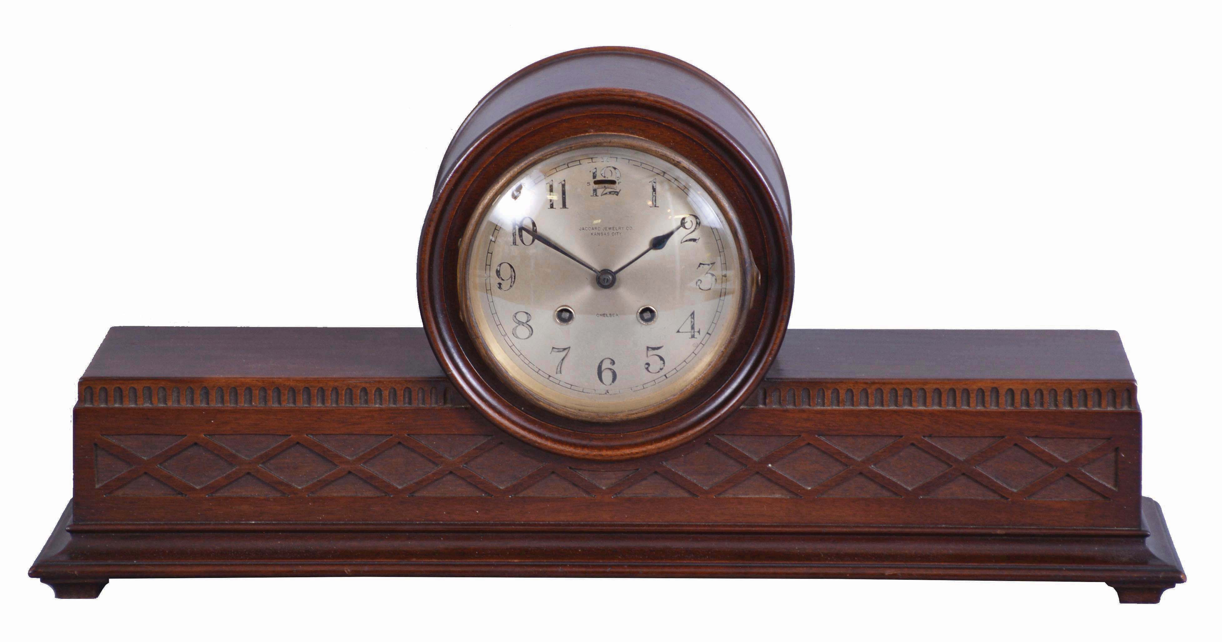 Chelsea Clock Co., Boston Mass. for Jaccard Jewelry, Kansas City, "Babro No. 44" mantel clock, 8 day, time and house strike, jeweled balance wheel movement in a polished mahogany case with silvered dial and blued steel hands, movement serial number 125279. Chelsea only produced this line for 6 years, so this is not a common clock. — Antique Clocks Price Guide