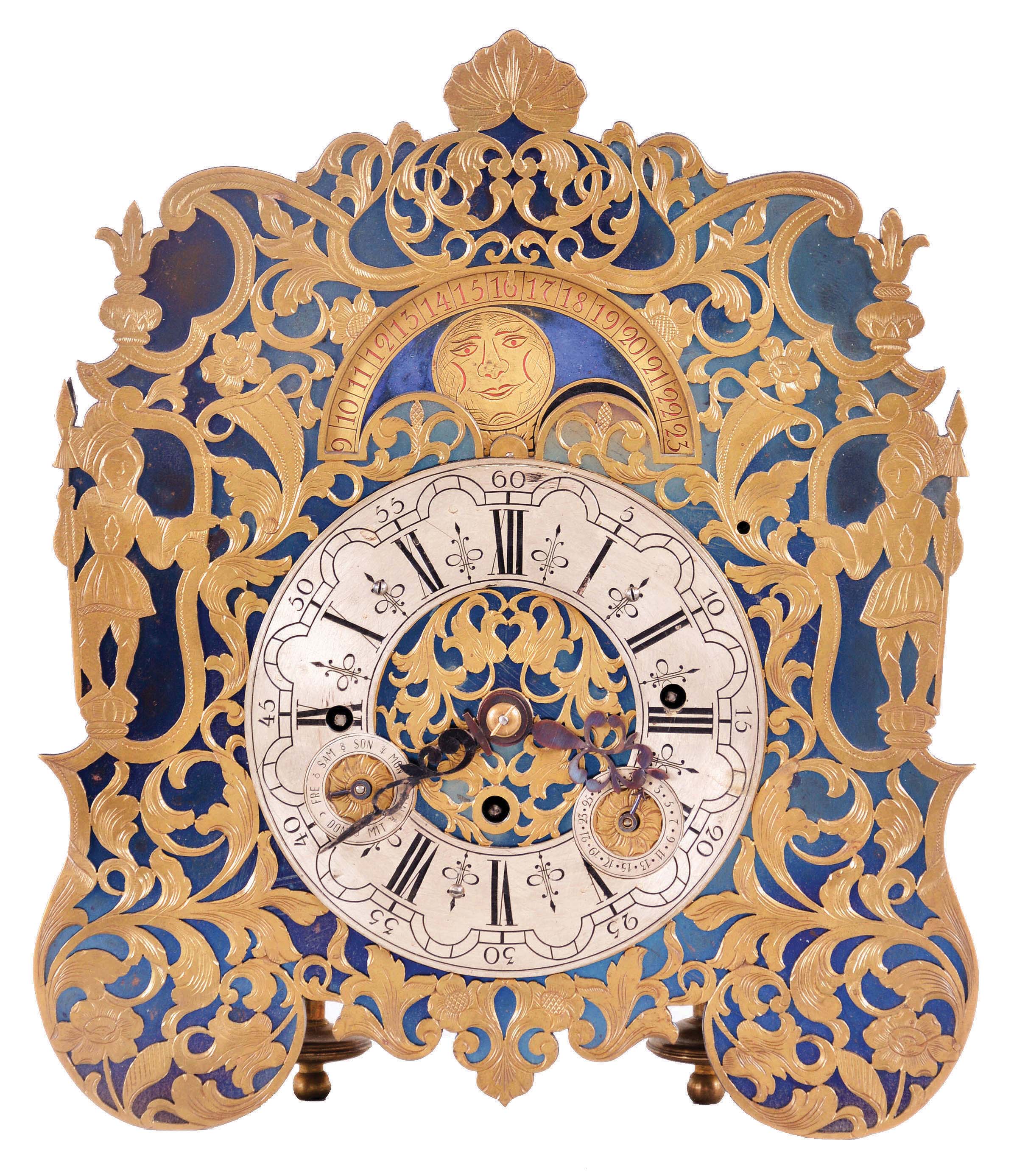 Austria, a small, complicated, grand sonnerie striking shelf or table clock, the blued steel dial plate with overlaid fretted, foliate engraved mask, Roman numeral, arcaded, engraved silvered dial with subsidiary day and date displays, and with engraved moon phase dial over 12:00, blued steel hands, 30- 60 hour grand sonnerie striking movement with verge escapement, time train with fusee and strike springs contained in fixed barrels, the balance with single turn spring, oscillating beneath a pierced, decorated bridge on the back plate — Antique Clocks Price Guide