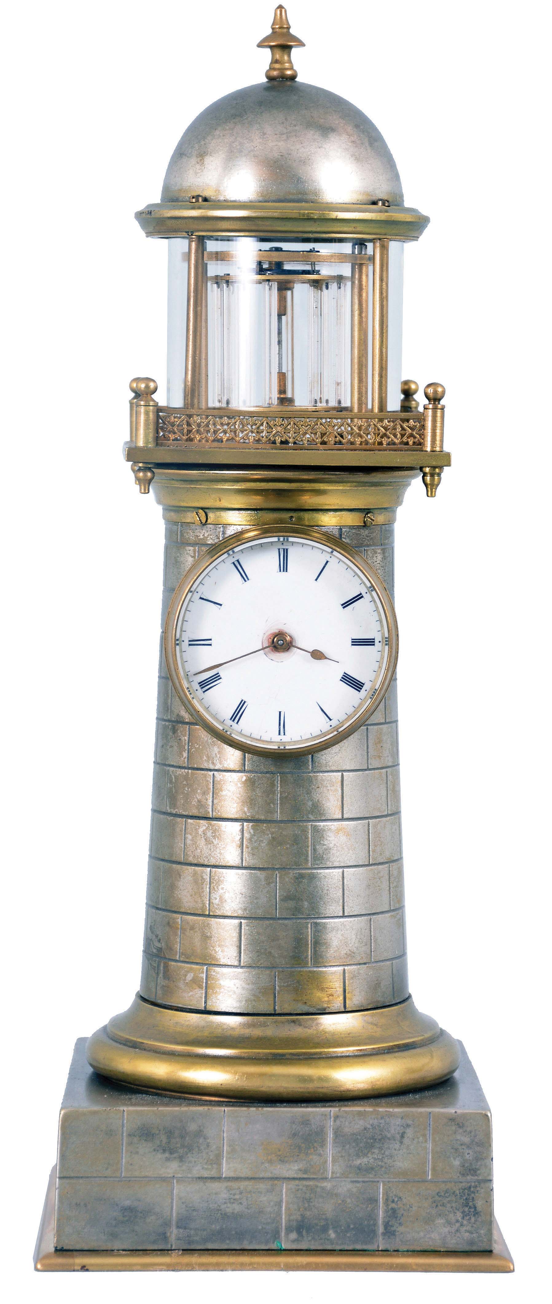 France, a small, lighthouse form novelty timepiece, the gilt and silvered, simulated ashlar case containing the 8 day movement, with balance composed of two crossed discs joined by eight vertical glass rods, and oscillating in the cylindrical turret, Roman numeral white enamel dial with gilt spade and whip hands — Antique Clocks Price Guide
