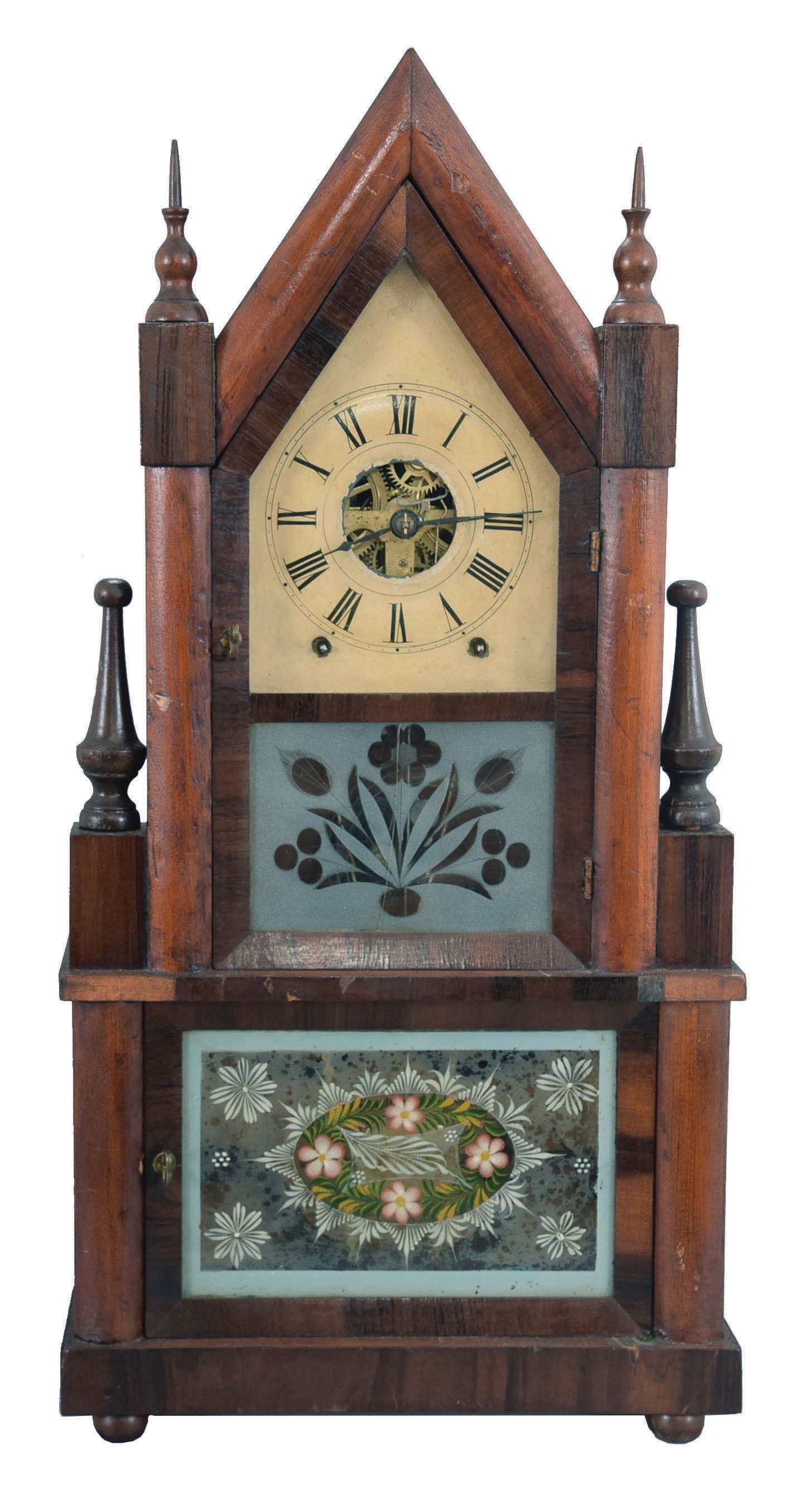 Birge &amp; Fuller, Bristol, Conn., 8 day, time and strike wagon spring brass movement steeple on frame or double steeple shelf clock. — Antique Clocks Price Guide