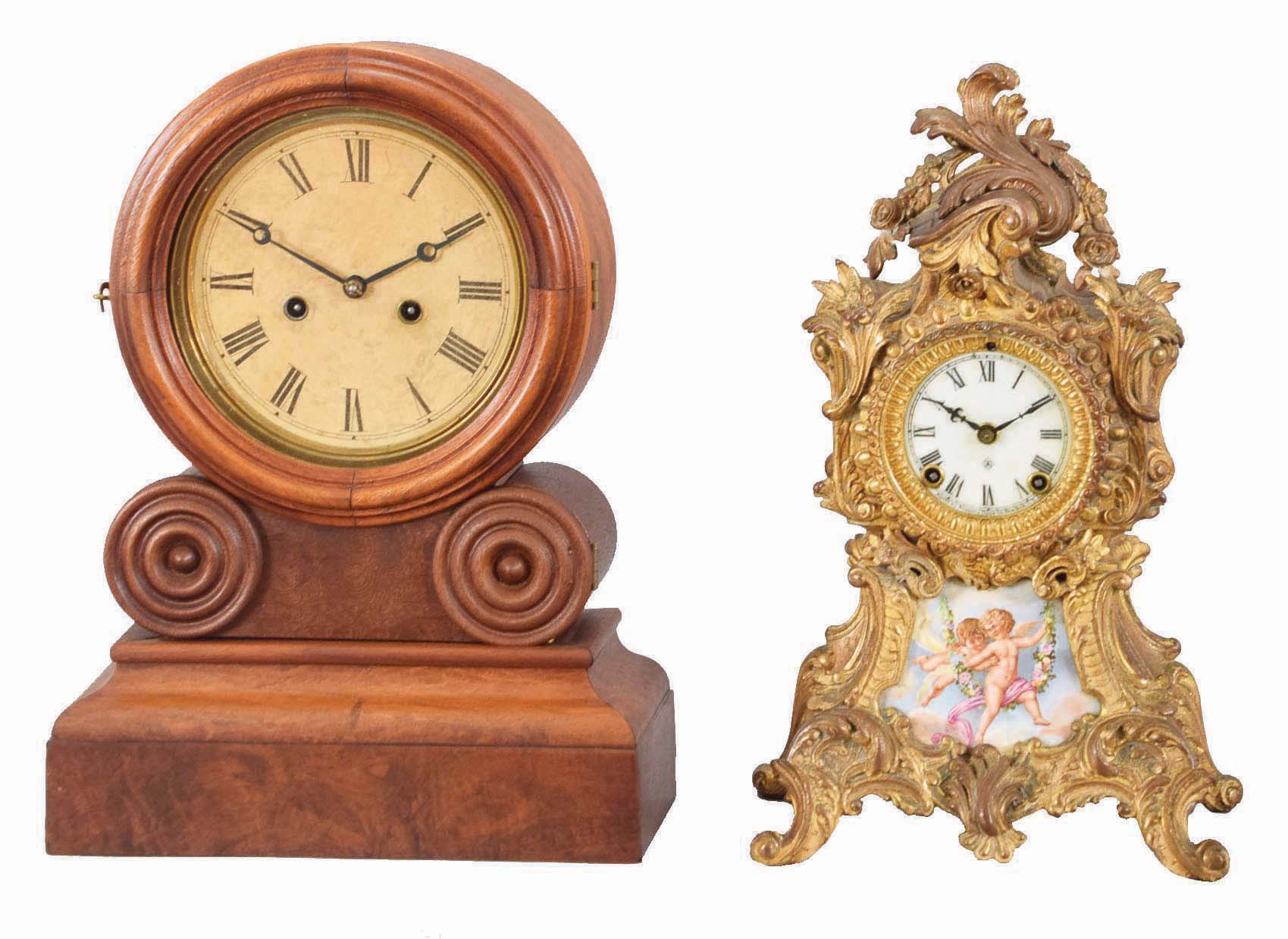 Clocks- 2 (Two): (1) Ansonia Clock Co., New York, "Trianon" shelf clock with a spring driven, 8 day, time and strike movement in a gilt cast metal case, c1914; (2) Ingraham Clock Co., Bristol, Conn., "Grecian" shelf clock with a spring driven 30 hour time and strike movement in a walnut case, c1875. — Antique Clocks Price Guide