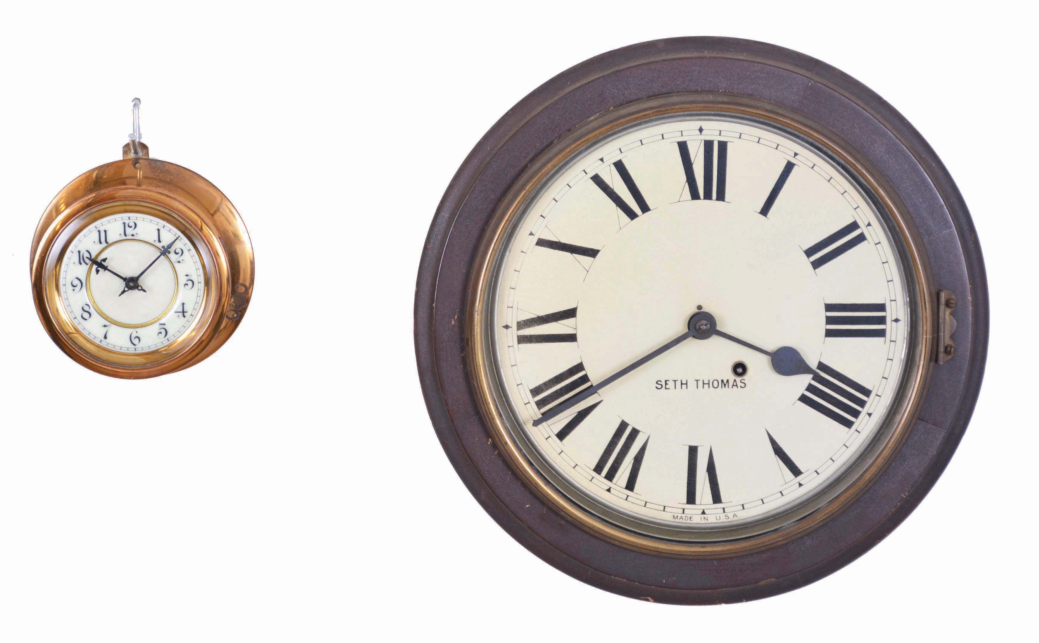 Clocks- 2 (Two): (1) Germany, 8 day, spring brass lever movement brass case pilot house wall timepiece, c1900; (2) Seth Thomas Clock Co., Thomaston, Conn., "Chatham", 8 day, spring brass movement gallery timepiece, c1904 — Antique Clocks Price Guide