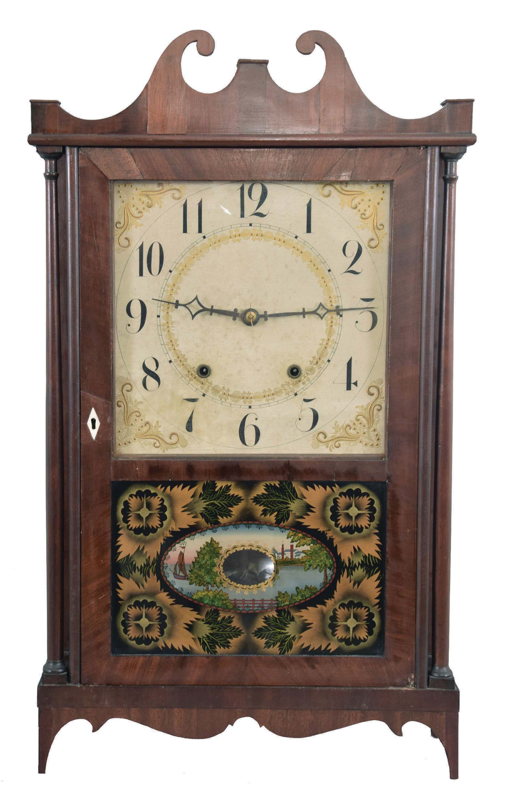 Unknown, Conn. 30 hour, time and strike, weight wood movement pillar &amp; scroll shelf clock now with label of Orten, Preston &amp; Co., Farmington, CT. — Antique Clocks Price Guide