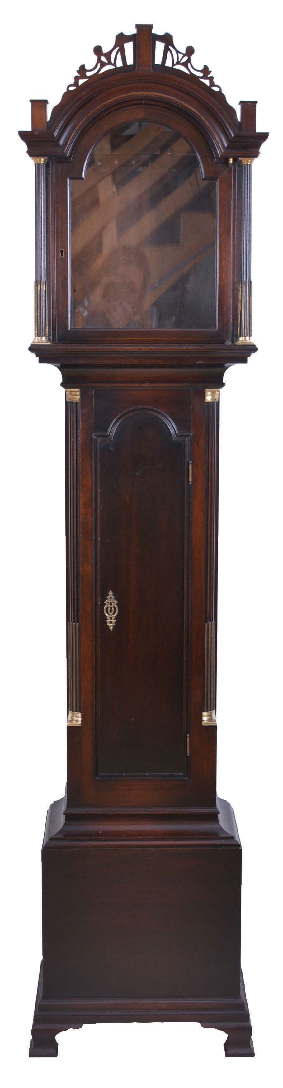 Roxbury style reproduction tall clock mahogany case (only) with Willard type ogee bracket feet, — Antique Clocks Price Guide