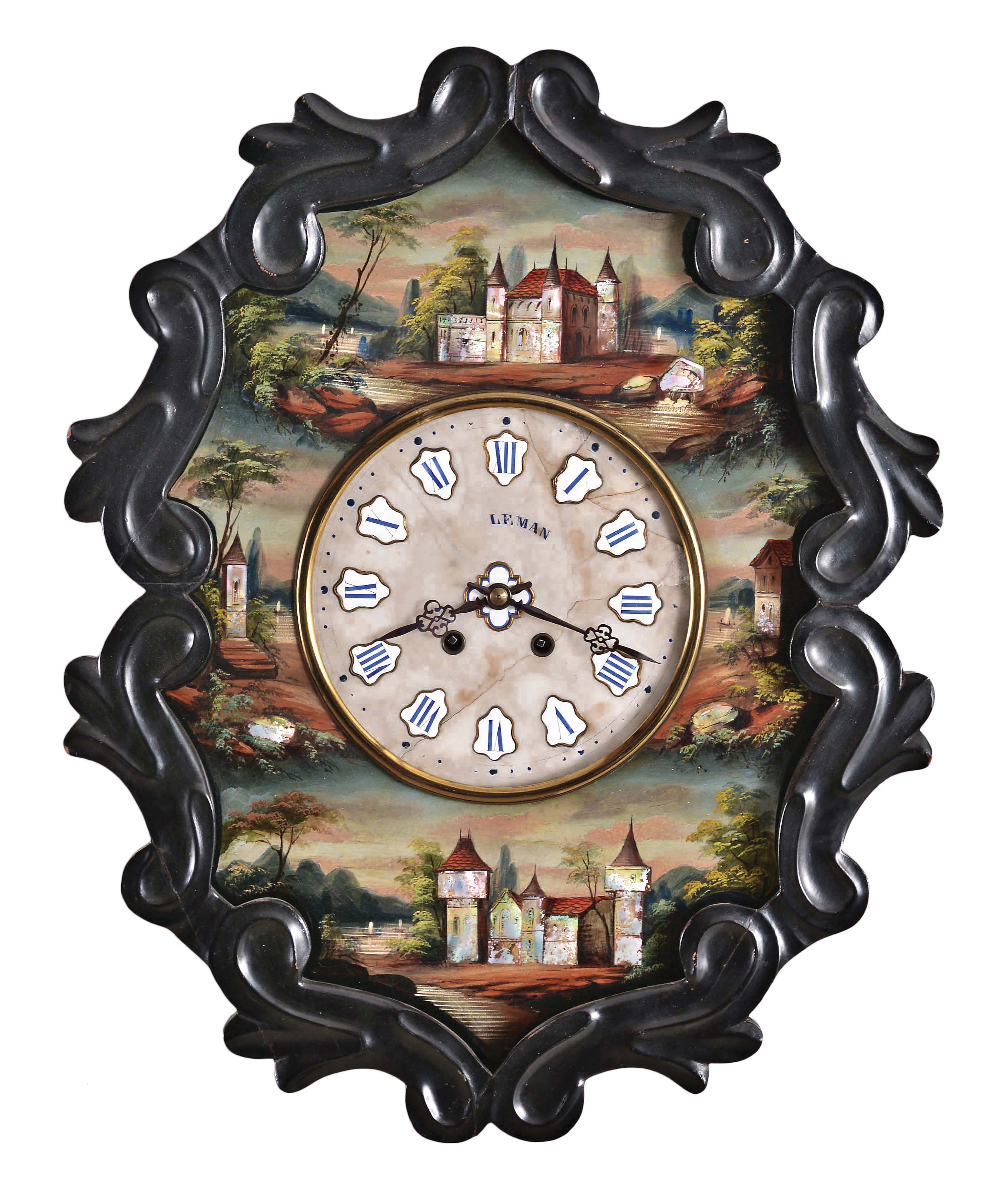 France, morbier baker's wall clock, 8 day, time and strike, spring driven movement with music on demand by pull repeat in an ebonized wood case with painted dial surround and raided cabochon numerals on a glass dial signed "LEMAN" — Antique Clocks Price Guide