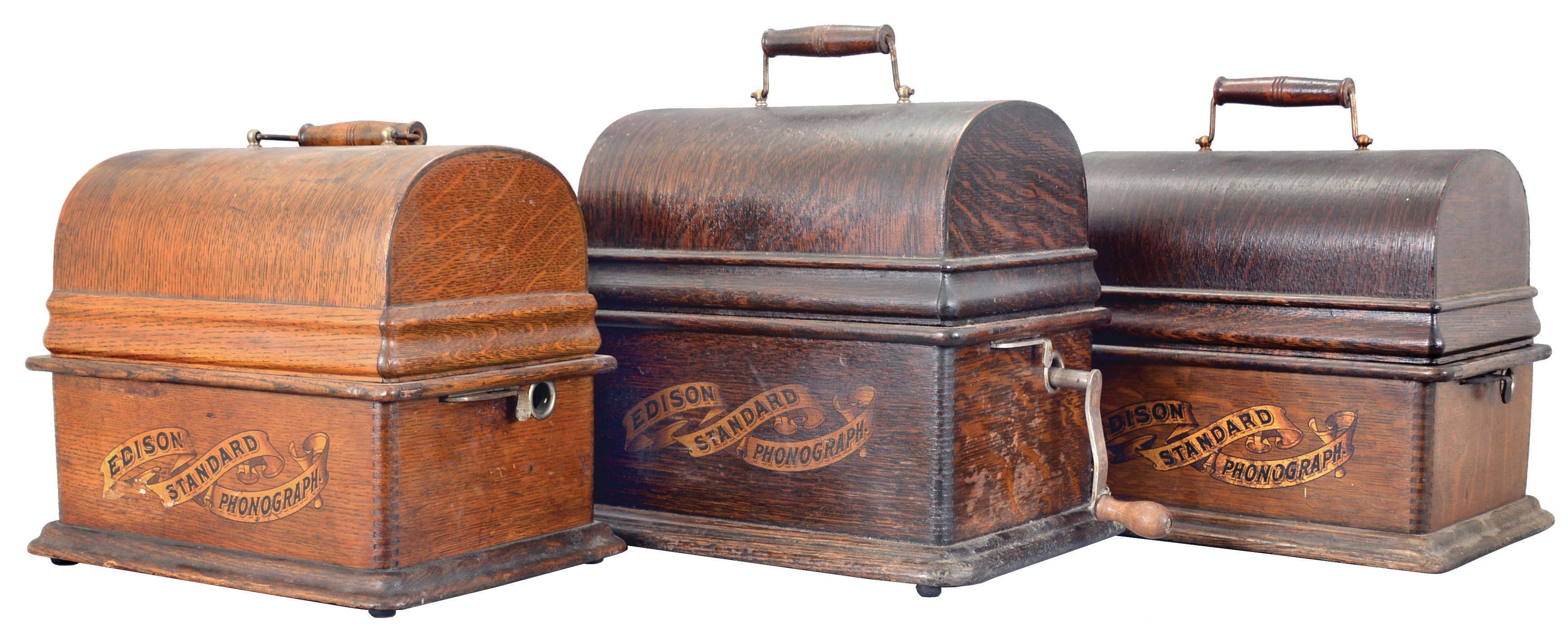 Phonographs- 3 (Three) Thomas A. Edison, Orange, NJ, "Standard" model spring driven cylinder phonographs in oak veneer cases including approximately 100 cylinder records. — Antique Clocks Price Guide