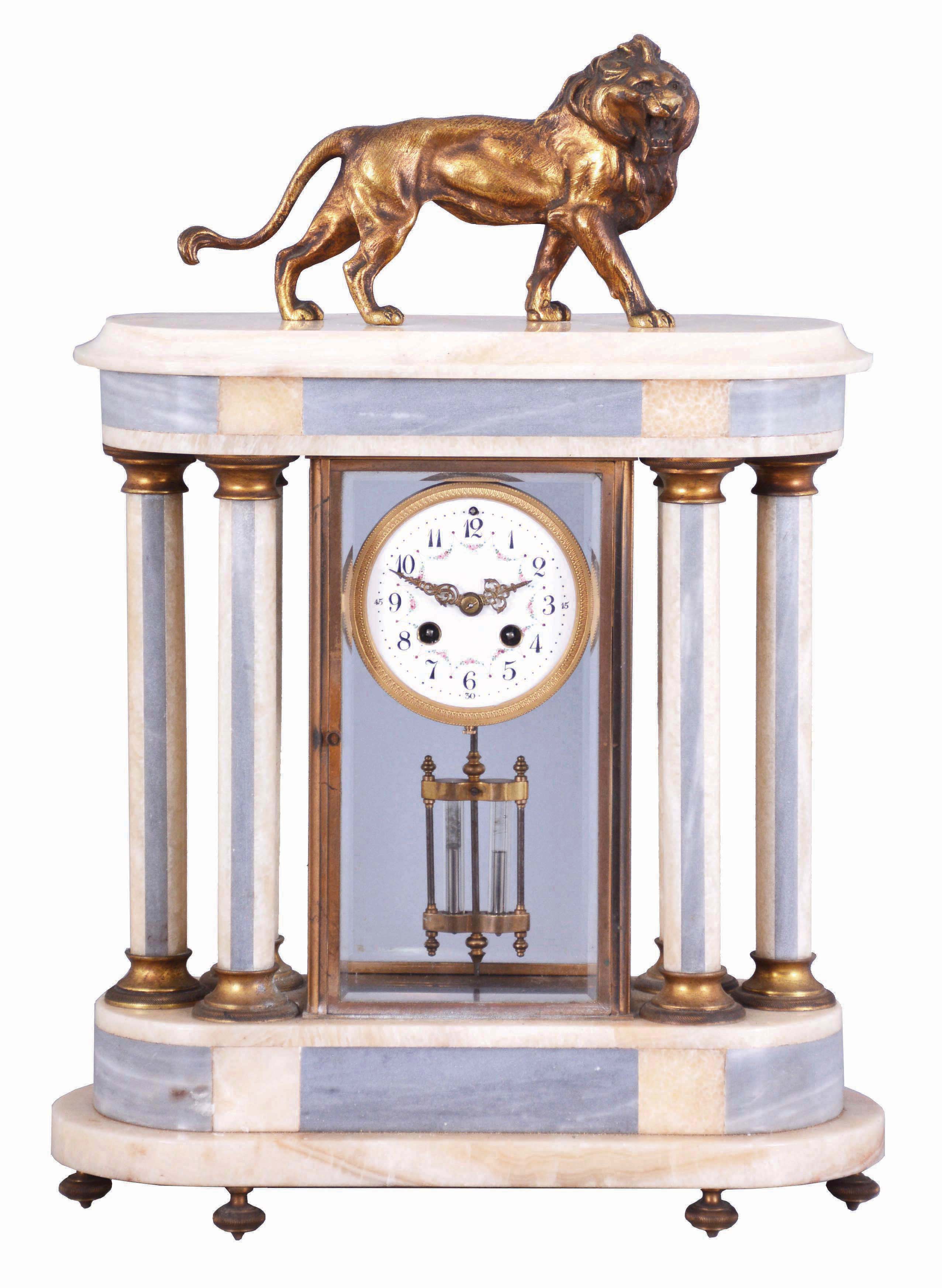 France, large 6-column marble and bronze "Crystal Regulator" with fancy porcelain dial with polychrome floral decorations, the case surmounted by a bronze lion. 2-vial compensating pendulum. — Antique Clocks Price Guide