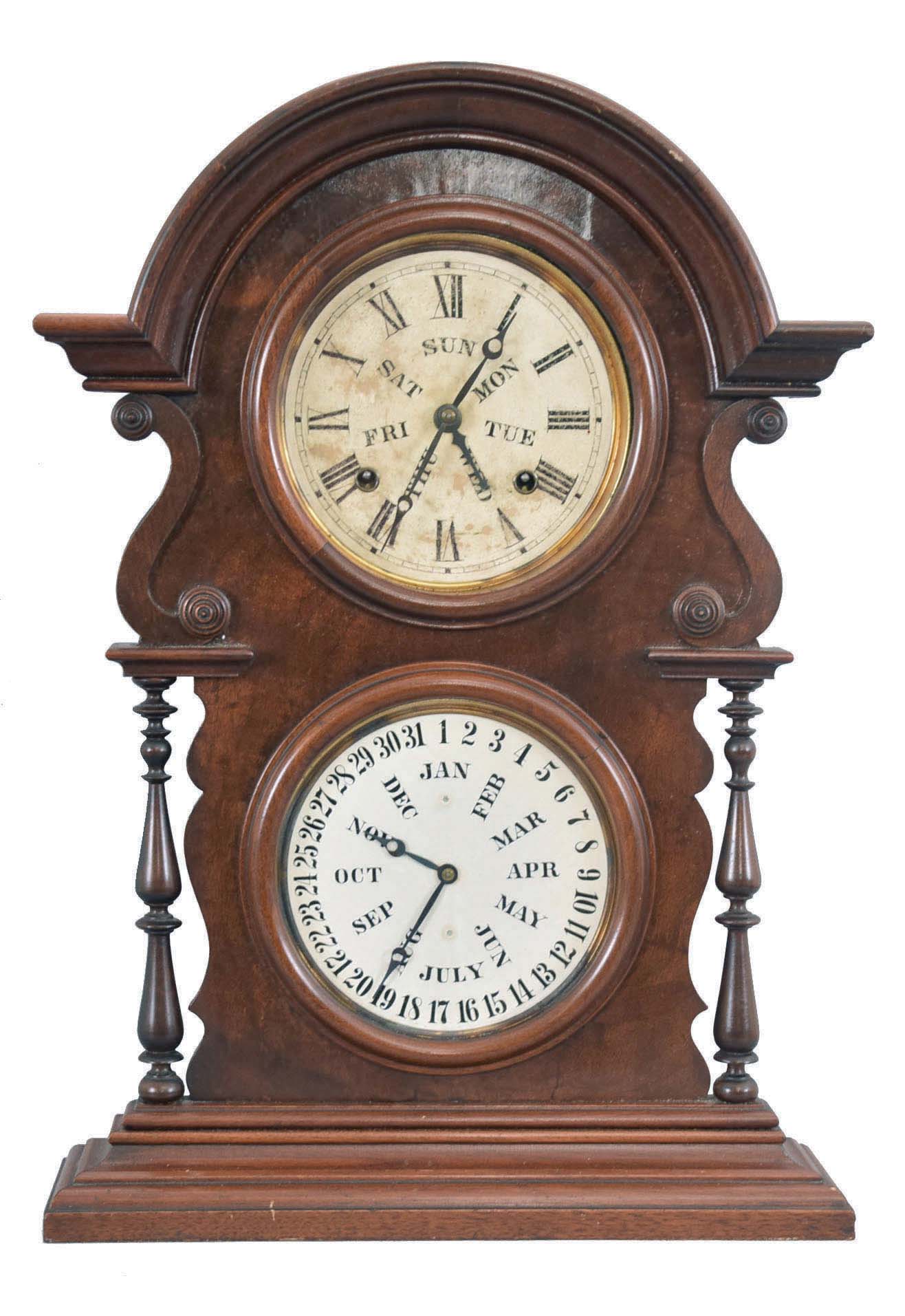 Welch, Spring &amp; Co., Bristol, Conn., "Wagner, Mantel, B.W.", 8 day, time and strike, spring brass movement double dial calendar clock. — Antique Clocks Price Guide