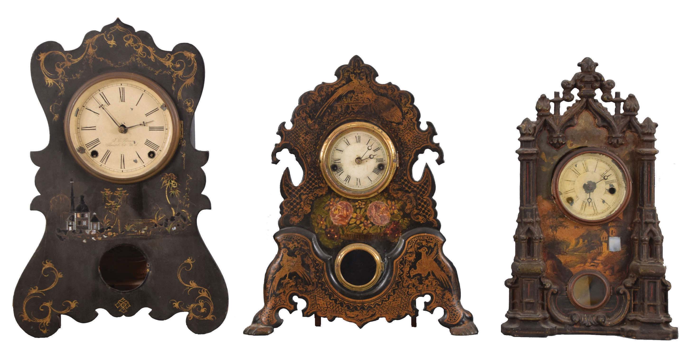 Clocks- 9 (Nine): (1) American iron front case (no movement) c1860; (2) American iron front shelf clock with a spring driven, 8 day timepiece movement, c1860. (3) American iron front shelf clock with a 30 hour timepiece movement and a "Mermaid Times" label on the case bottom, c1860. (4) Forestville Mfg. Co., Forestville, Conn shelf clock with an 8 day spring driven time and strike movement in a wooden case with gilt design and MOP inlay, c1860. (5) A. S. Platt &amp; Co., Bristol, Conn. iron front (painted with MOP inlay) shelf clock with a spring driven 30 hour time and strike movement, c1860. (6) Waterbury Clock Co., 4 Courtland St., New York, painted iron front shelf clock with a 30 hour time and strike movement, c1860. (7) Unmarked American iron front (painted) shelf clock with a 30 hour time &amp; strike spring driven movement, c1860. (8) F. Kroeber Clock Co., New York, iron front shelf clock with a spring driven 30 hour time and strike movement, c1865. (9) Upson Brothers, Bristol, Conn. iron front beehive shelf clock (paint and MOP inlay) with a spring driven, 8 day, time and strike movement (Morse No. (1), c1855 — Antique Clocks Price Guide