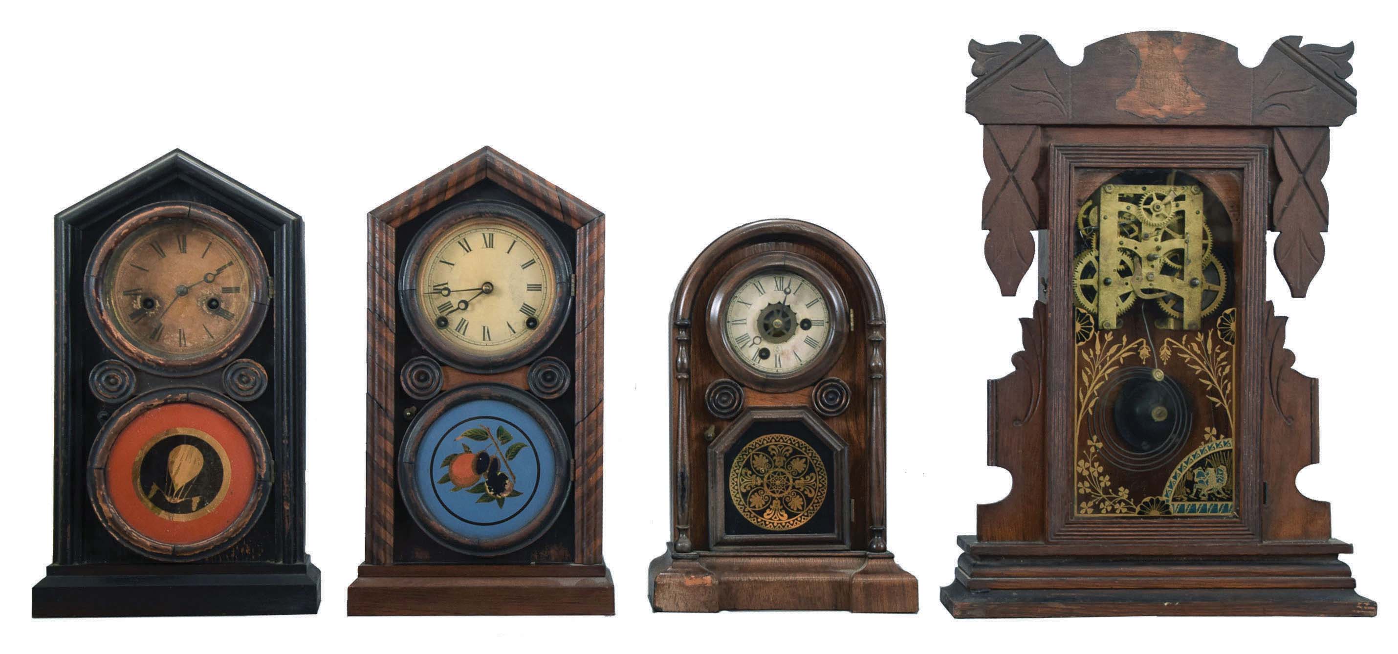 Clocks- 4 (Four): (1) E. Ingraham &amp; Co., Bristol, Conn., "Doric" shelf clock with a 30 hour spring driven time and strike movement in a rosewood veneered case, c1875; (2) E. Ingraham &amp; Co., Bristol, Conn., "Mosaic Doric" shelf clock with an 8 day spring driven time and strike movement. in a rosewood veneered case, c1875. (3) Welch, Spring &amp; Co., Forestville, Conn., "Italian No. 3" shelf clock with a spring driven 30 hour time and alarm movement in a rosewood veneered case, c1878. (4) New Haven Clock Co., New Haven, Conn., "Alderman" shelf clock with a spring driven, 8 day, time and strike movement in an oak case, c1885. — Antique Clocks Price Guide