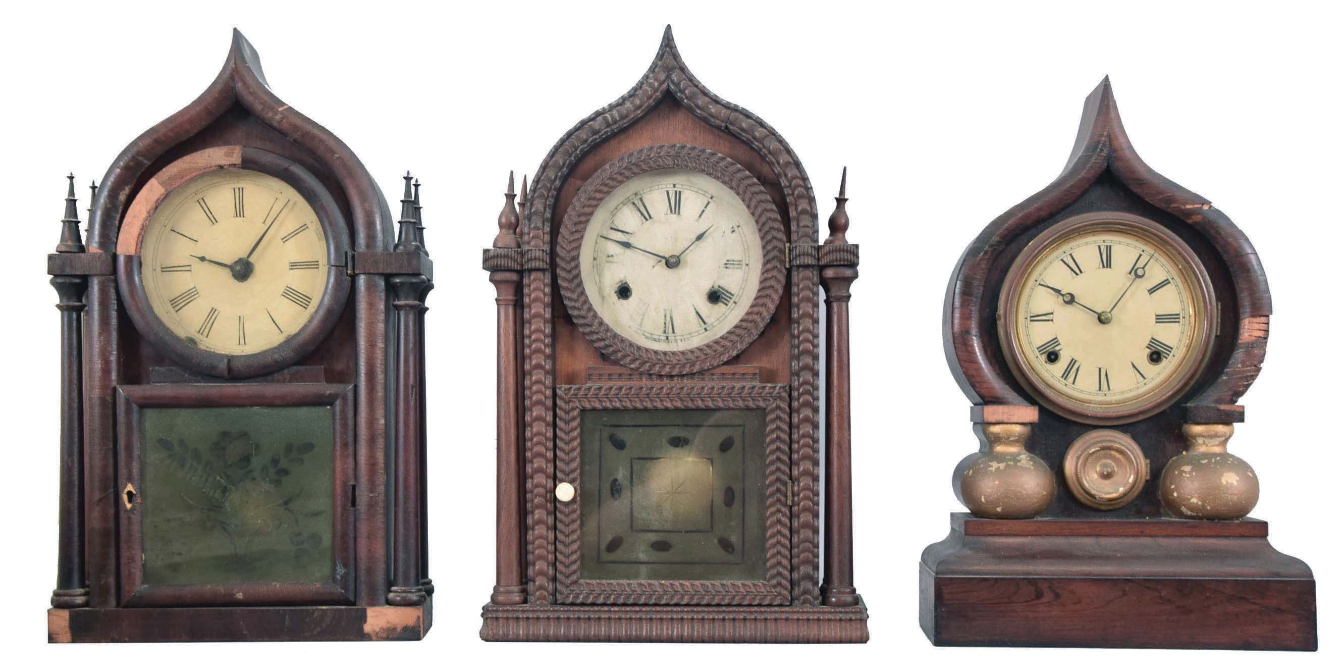Clocks- 3 (Three): (1) Brewster &amp; Ingrahams, Bristol, Conn., "Round Gothic" shelf clock now fitted with a Seth Thomas spring driven, 8 day, time and strike movement in a mahogany veneered case, c1848; (2) Forestville Mfg. Co., Forestville, Conn., "Round Gothic" shelf clock now fitted with a Waterbury Clock Co. 8 day spring driven time and strike movement in a ripple front rosewood case, c1850. (3) E. Ingraham &amp; Co.,Bristol, Conn., "Oriental" shelf clock with a spring driven, 8 day, time and strike movement in a rosewood veneered case, c1880. — Antique Clocks Price Guide