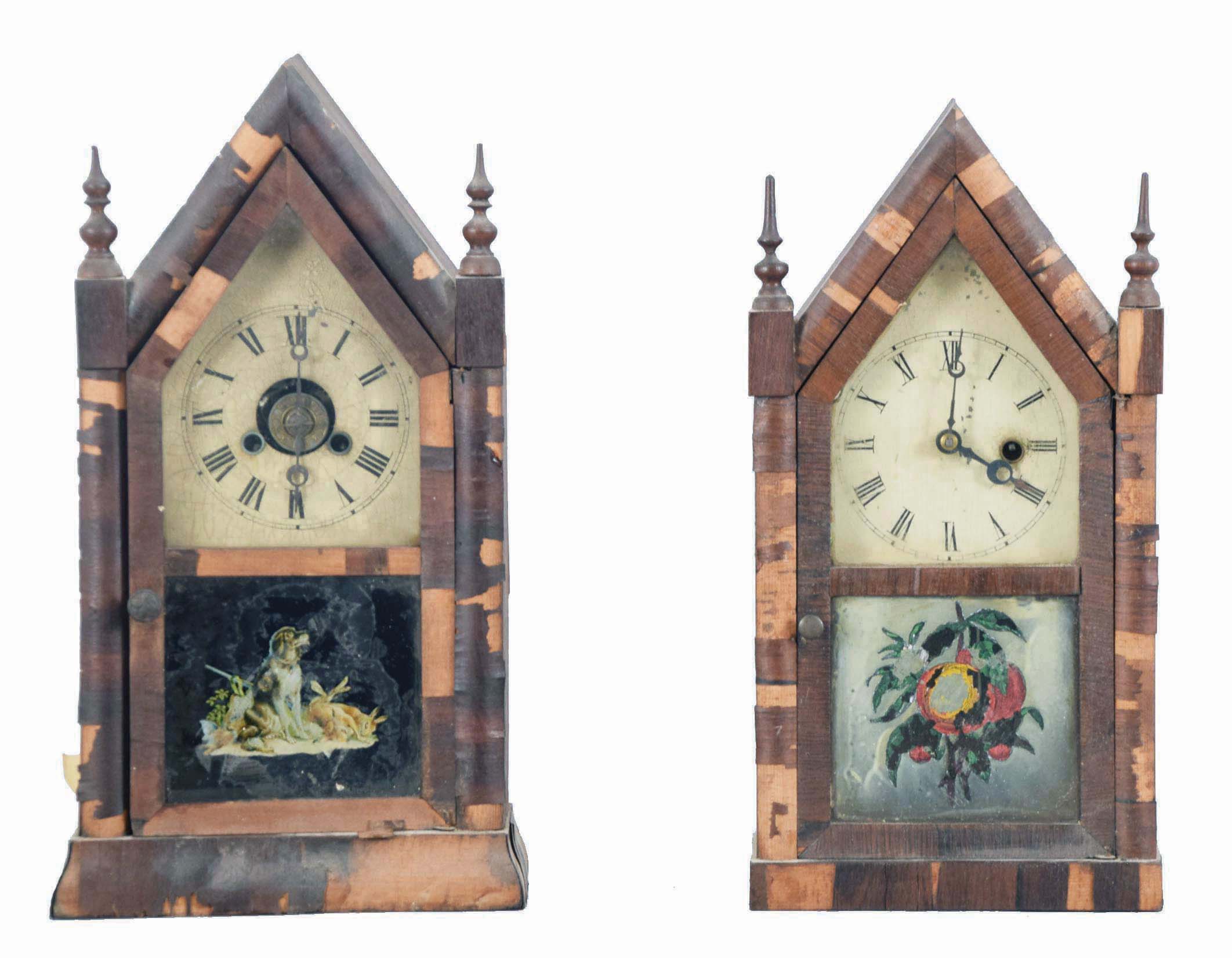 Clocks- 4 (Four): (1) Terry &amp; Andrews, Bristol, Conn., Double Steeple shelf clock with an spring driven, 8 day, time and strike movement in a rosewood veneered case, c1850; (2) Sperry (Henry) and Shaw (George L.), 10 Cortlandt St., New York, steeple shelf clock with a spring driven, 8 day time, strike and alarm movemement in a rosewood veneered case.c1848. (3) New Haven Clock Co., New Haven, Conn. steeple shelf clock with a spring driven 30 hour timepiece movement in a rosewood veneered case, c1870. (4) Jerome &amp; Co., New Haven, Conn., steeple shelf clock with a spring driven 30 hour time and alarm movement in a rosewood veneered case, c1870. — Antique Clocks Price Guide