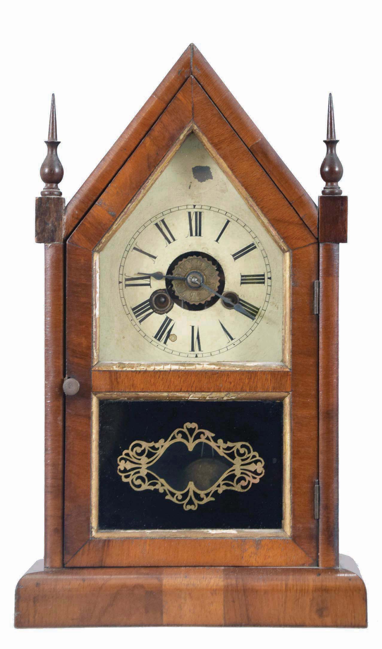 Clocks- 6 (Six): (1) Boardman and Wells, Bristol, Conn., steeple shelf clock with a spring driven 30 hour time and strike fusee movement in a mahogany veneered case, c1844; (2) Boardman and Wells, Bristol, Conn., steeple shelf clock with a spring driven 30 hour time and strike movement in a mahogany veneered case, c1844. (3) J. J. Beals &amp; Co., Boston, Mass., steeple shelf clock with a spring driven, 8 day, time and strike movement (J. C. Brown, Forestville, Conn) in a mahogany veneered case, c1850. (4) Jerome &amp; Co., New Haven, Conn steeple shelf clock (case only) c1860. (5) Brewster &amp; Ingrahams, Bristol, Conn. steeple shelf clock with a (brass) spring driven 30 hour time and strike movement in a mahogany veneered case, c1850. (6) German mini steeple shelf clock with a 30 hour time and alarm movement in a veneered case, c1870. — Antique Clocks Price Guide