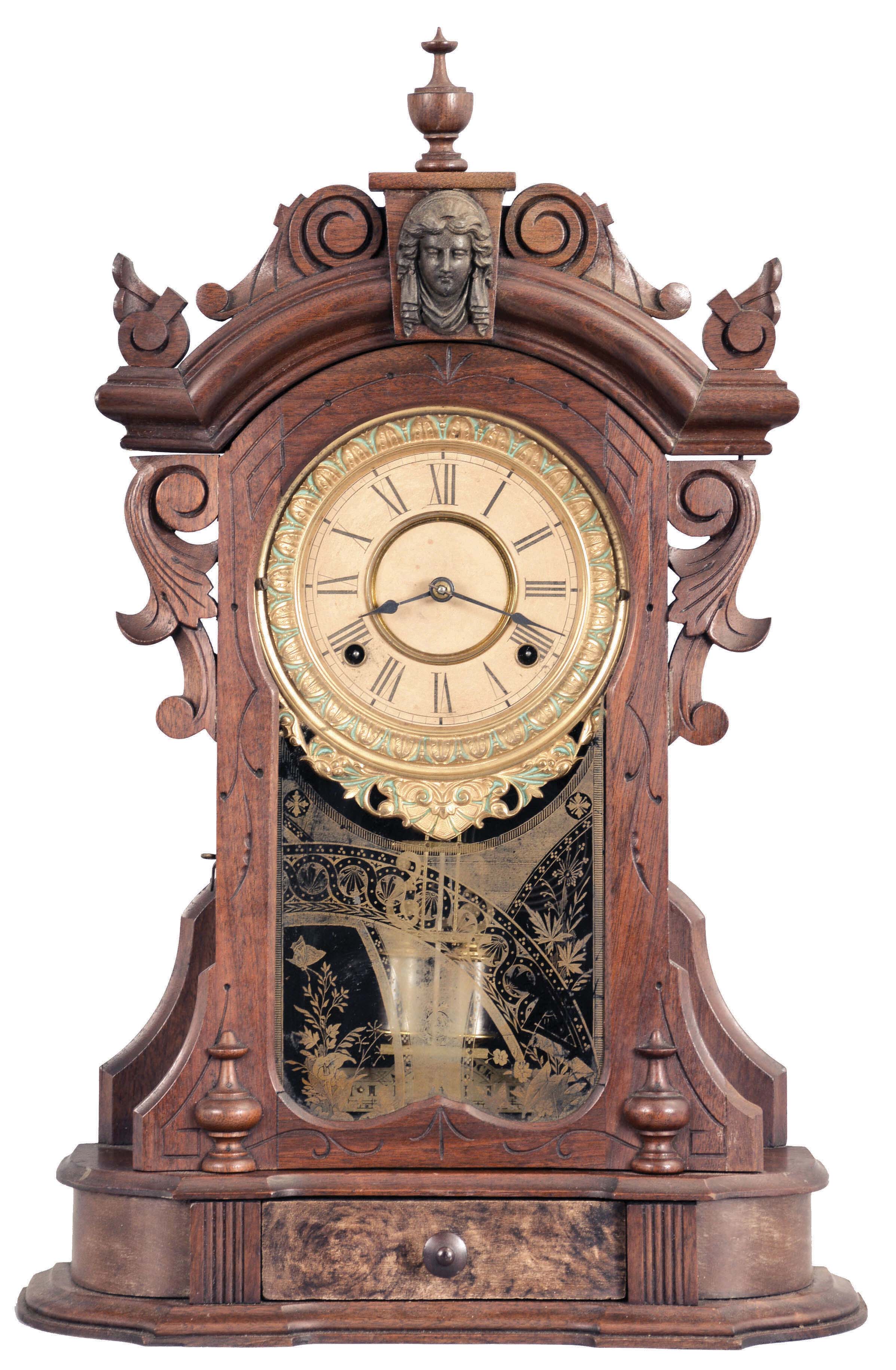 Ansonia Clock Co., New York, "Monarch", 8 day, time and strike, spring brass movement shelf clock. — Antique Clocks Price Guide