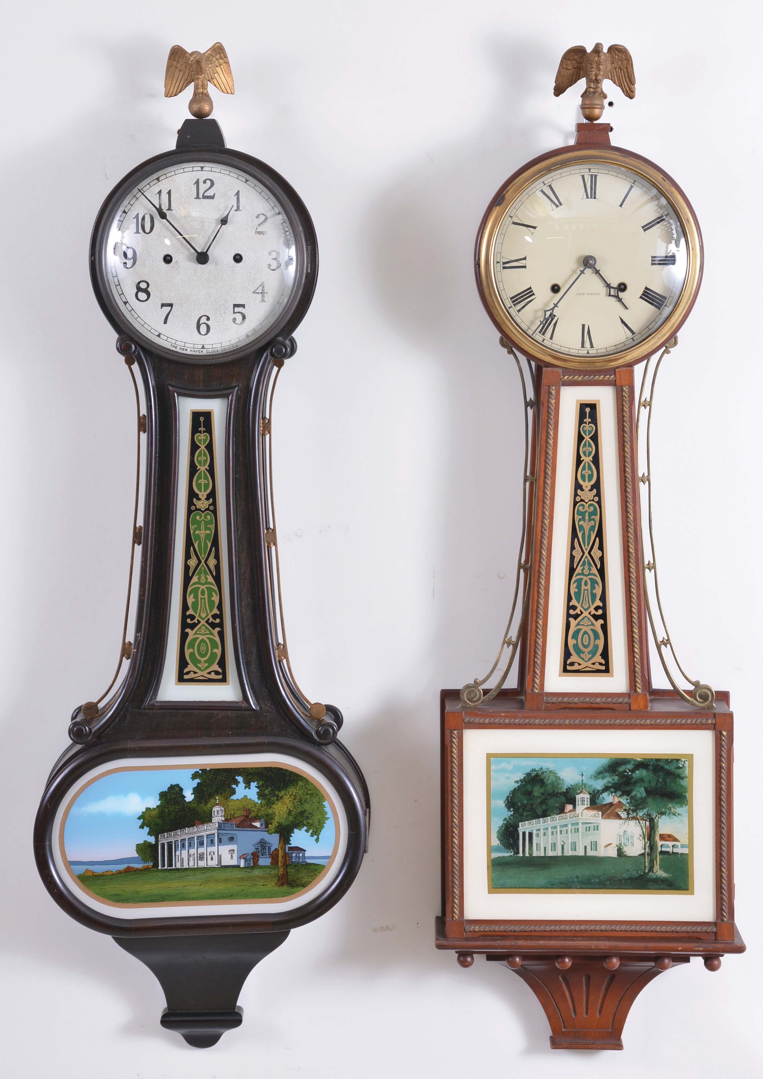 Clocks- 2 (Two): (1) New Haven Clock Co., New Haven, Conn., "Willard", 8 day, time and strike, spring brass movement patent or banjo timepiece; (2) New Haven Clock Co., New Haven, Conn., "Wilson", 30 day, spring brass movement banjo timepiece. — Antique Clocks Price Guide