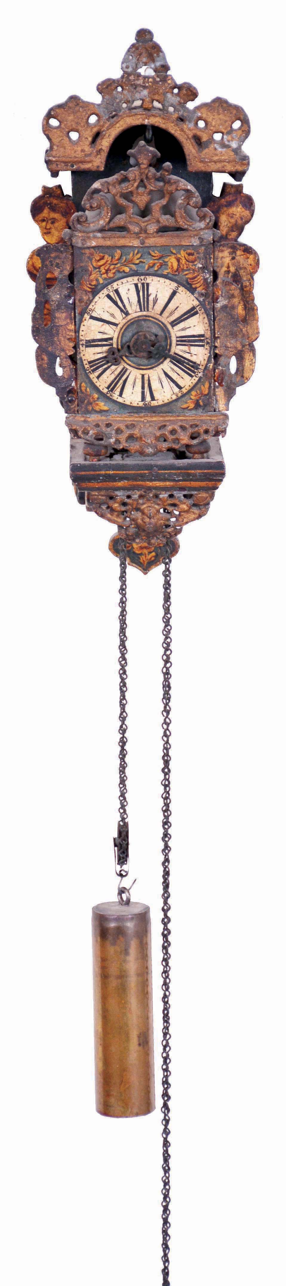 Dutch Friesan Stoelklok, MINIATURE, dial chapter ring is only 3 inches. The bracket or stuhl with original gilt mermaids, and lead trim intact. Continuous chain, time and bell strike 30 hour movement. — Antique Clocks Price Guide
