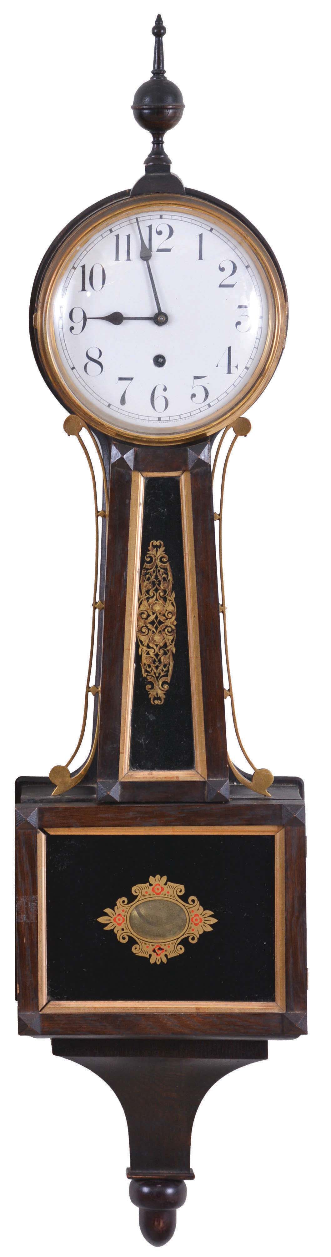 Waterbury Clock Co., Waterbury, Conn., "Willard No. 2", 8 day, weight brass movement patent or banjo timepiece. — Antique Clocks Price Guide