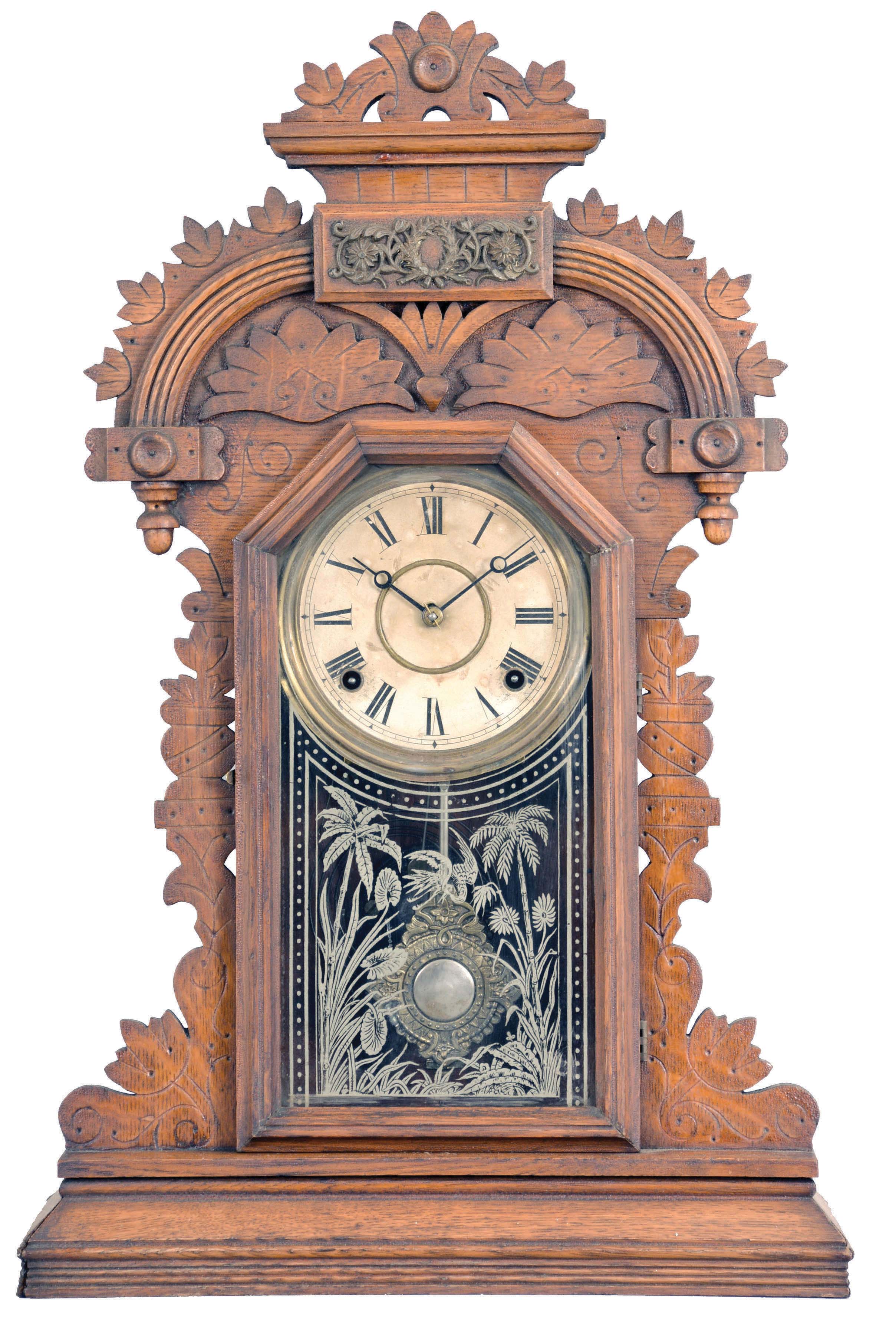 E. Ingraham &amp; Co. Bristol, Conn., "Ducat", 8 day, time and strike, spring brass movement shelf clock. — Antique Clocks Price Guide