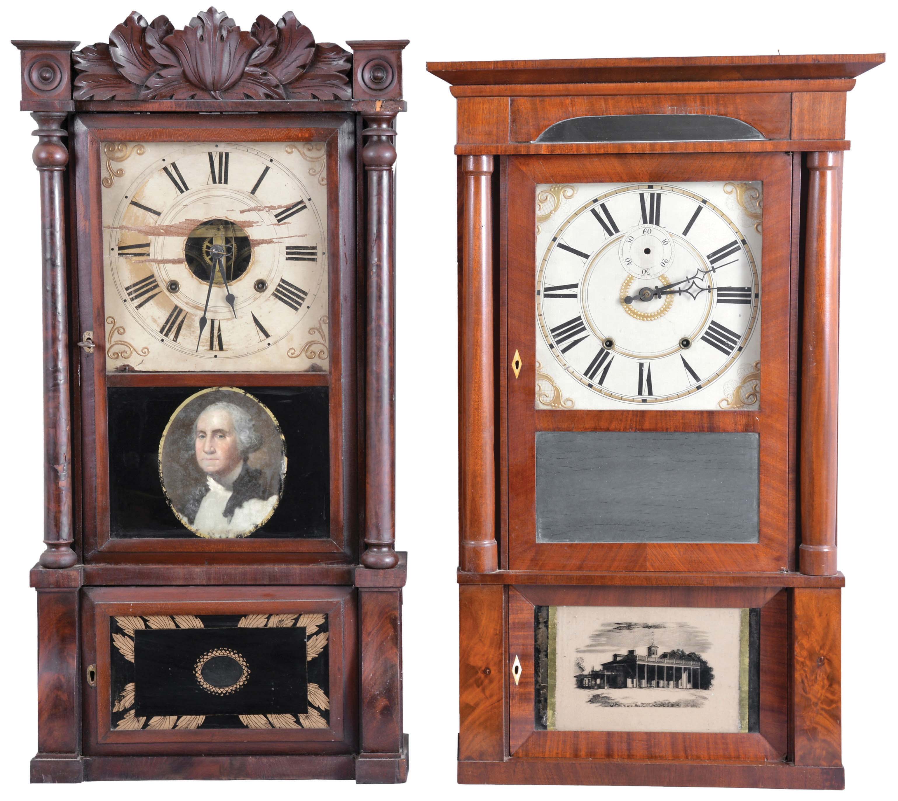 Clocks- 2 (Two): (1) Birge, Mallory &amp; Co., Bristol, Conn., 8 day, time and strike, weight brass movement column &amp; carved crest shelf clock, c1840; (2) Riley Whiting, Winchester, Conn., 8 day, time and strike, weight wood movement column &amp; cornice shelf clock, c1830 — Antique Clocks Price Guide