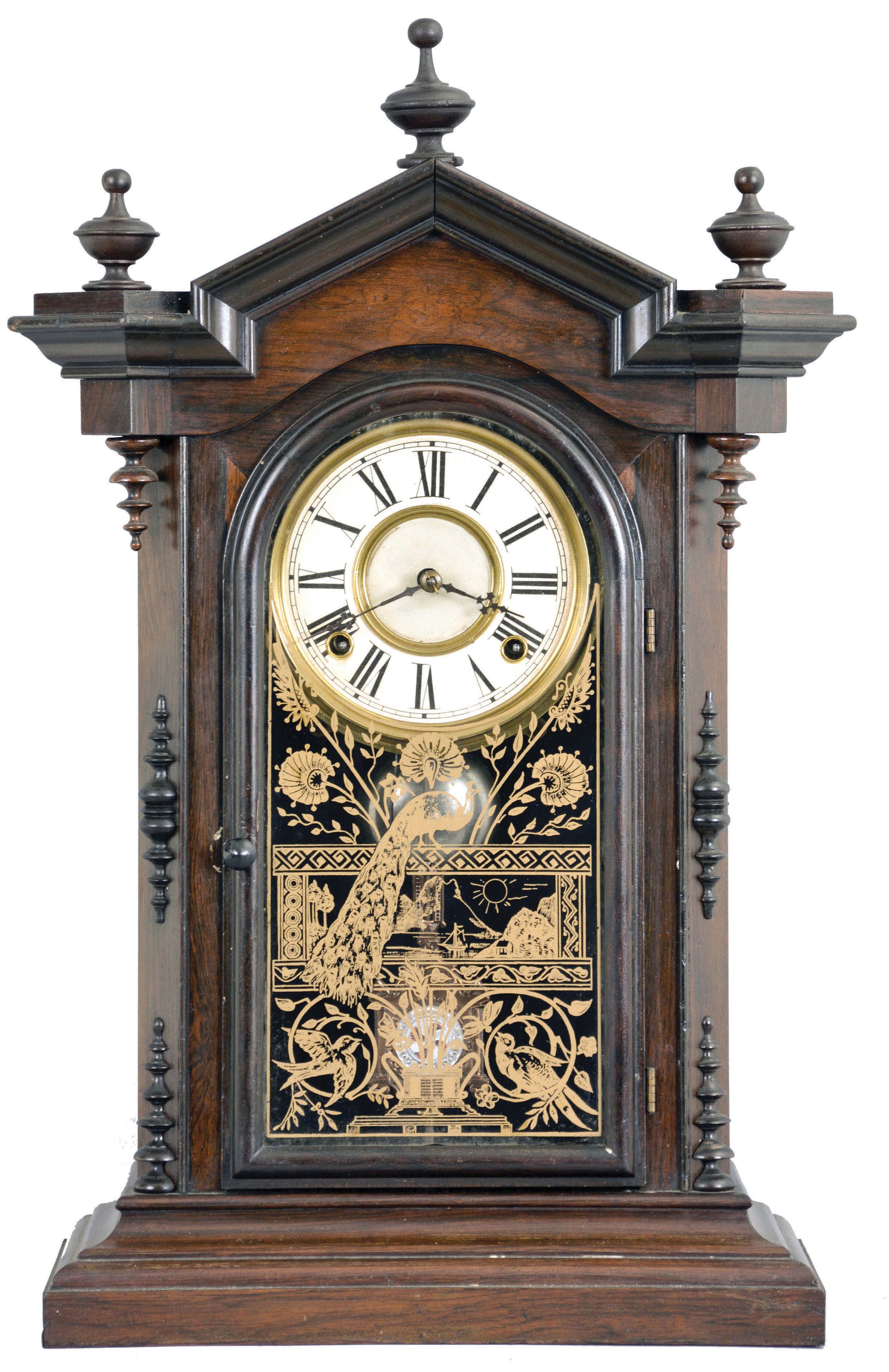 Welch, Spring &amp; Co., Forestville, Conn., "Lucca V.P.", 8 day, time and strike, spring brass movement shelf clock. — Antique Clocks Price Guide