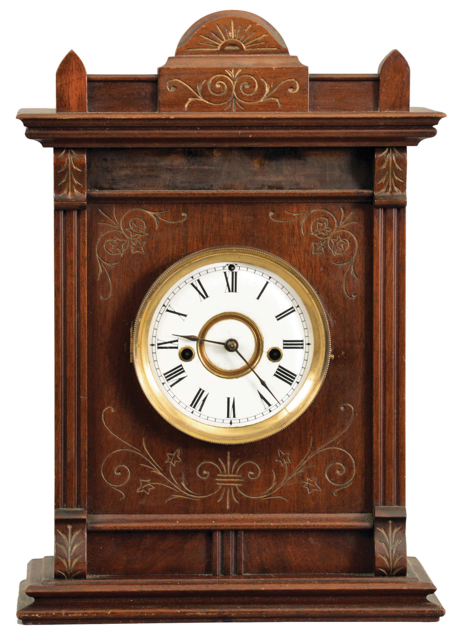 E. N. Welch Mfg. Co., Forestville, Conn., "Cabinet No. 3", 8 day, time and strike, spring "Patti"-style brass movement mantel clock. — Antique Clocks Price Guide