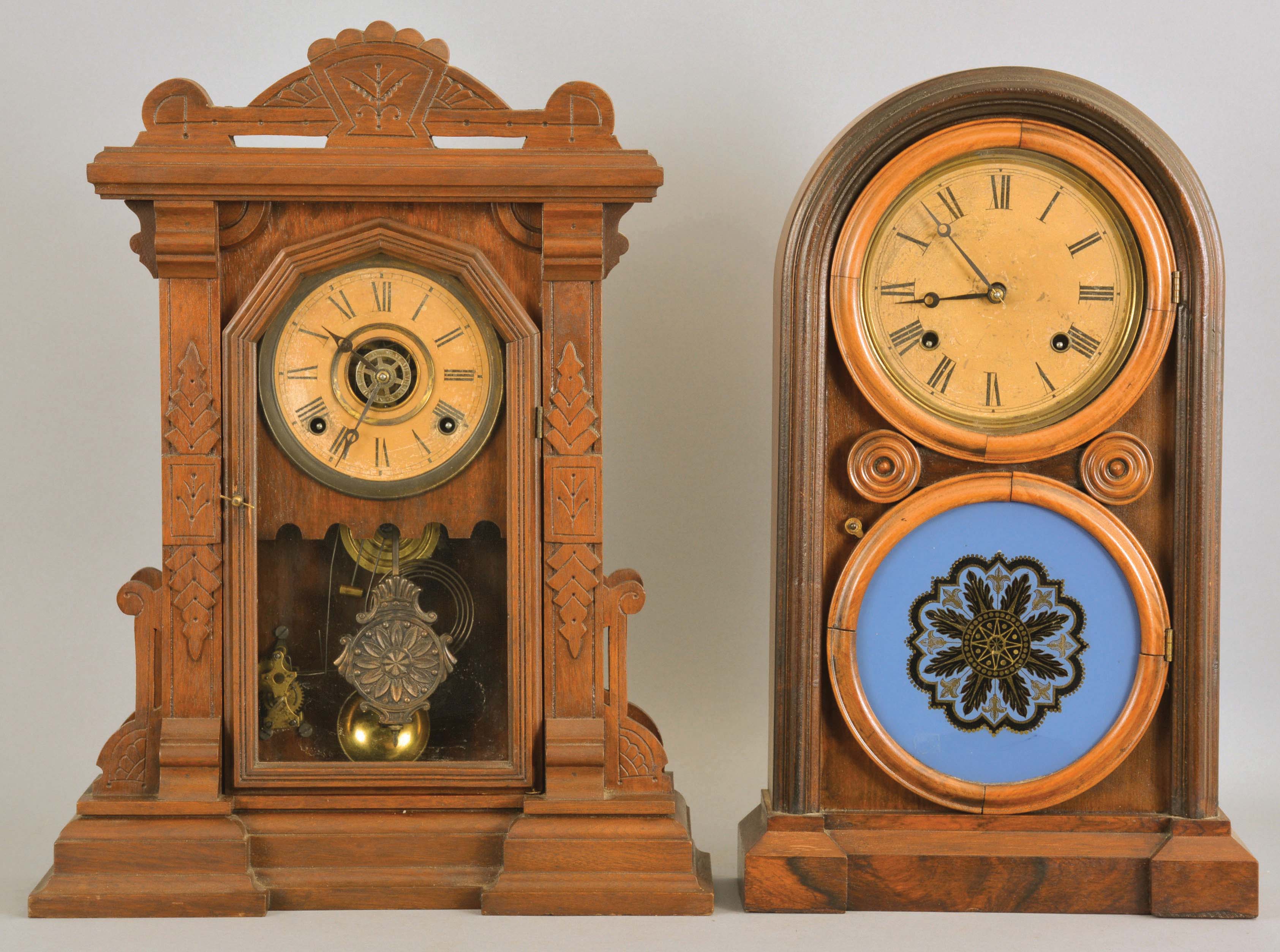 Clocks- 2 (Two): (1) E. Ingraham &amp; Co., Bristol, Conn., "Venetian No. 1" shelf clock with a spring driven, 8 day, time and strike movement in a rosewood veneered case, c1870; (2) E. Ingraham &amp; Co., Bristol, Conn., unidentifed shelf clock with a spring driven, 8 day time, strike and alarm movement in a walnut case, c1885. — Antique Clocks Price Guide